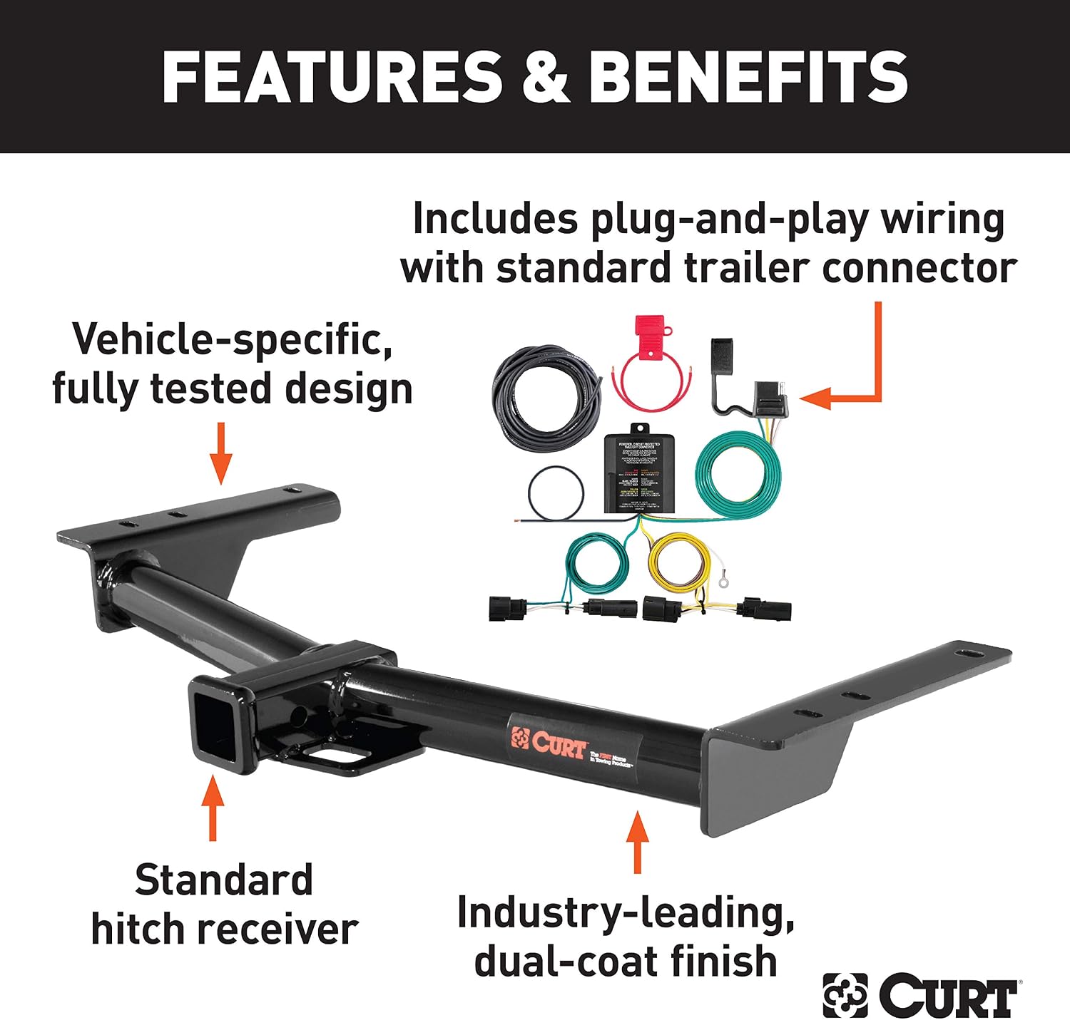 CURT Class 3 Trailer Hitch 2" Receiver with 4-Way Flat Output Custom Wiring Harness fits 2015-2025 Transit | Resists Rust, Chipping