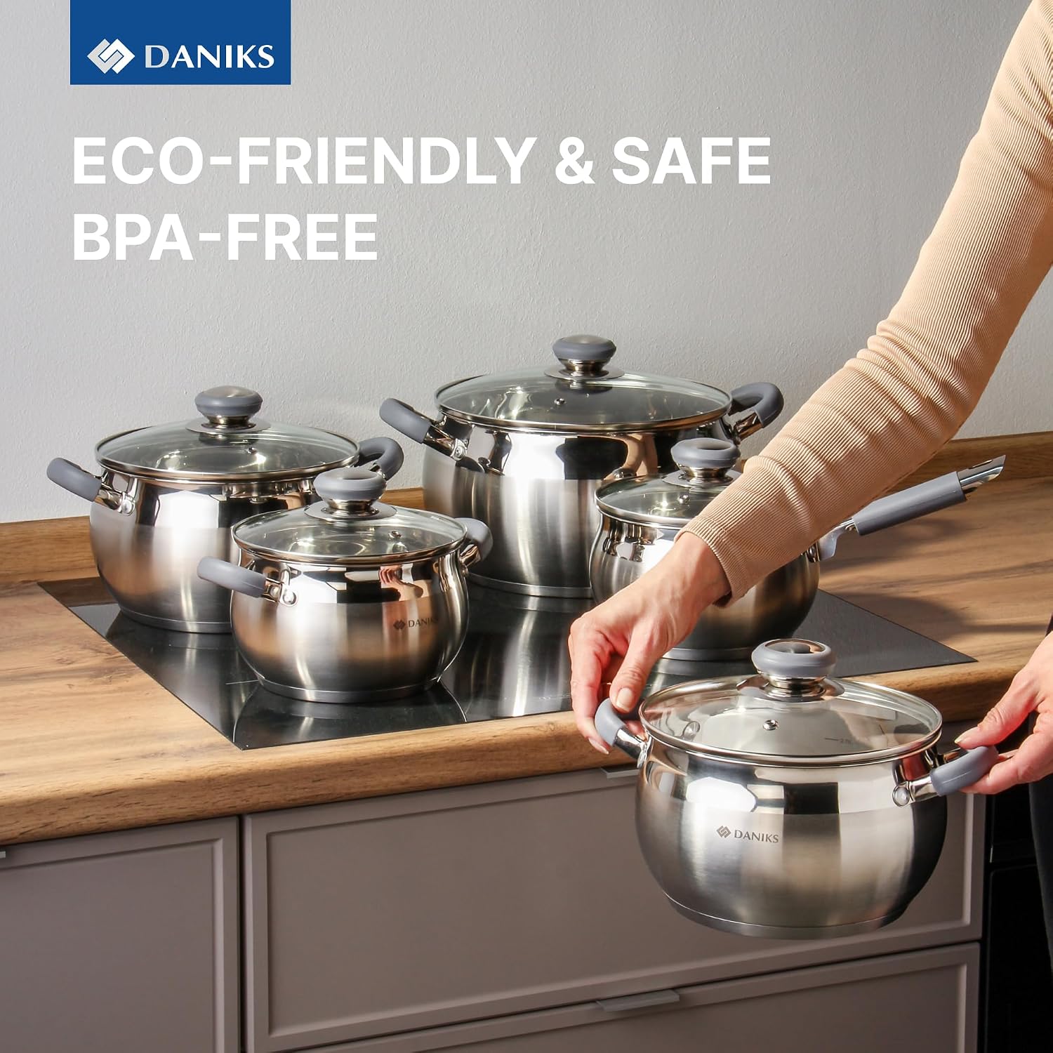 Daniks Modern 4 Quart Stainless Steel Stock Pot with Glass Lid, Tri-Ply Bottom for Even Heating, Induction Compatible, Dishwasher Safe