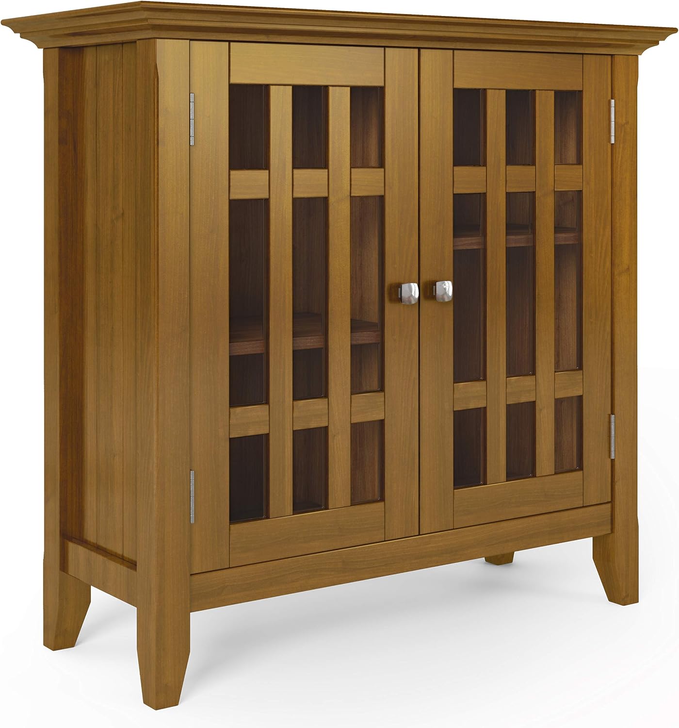 SIMPLIHOME Bedford 62" Wide Solid Wood Sideboard in Brunette Brown | Transitional low media console with glass doors and storage shelves for the living room, entryway or dining room.