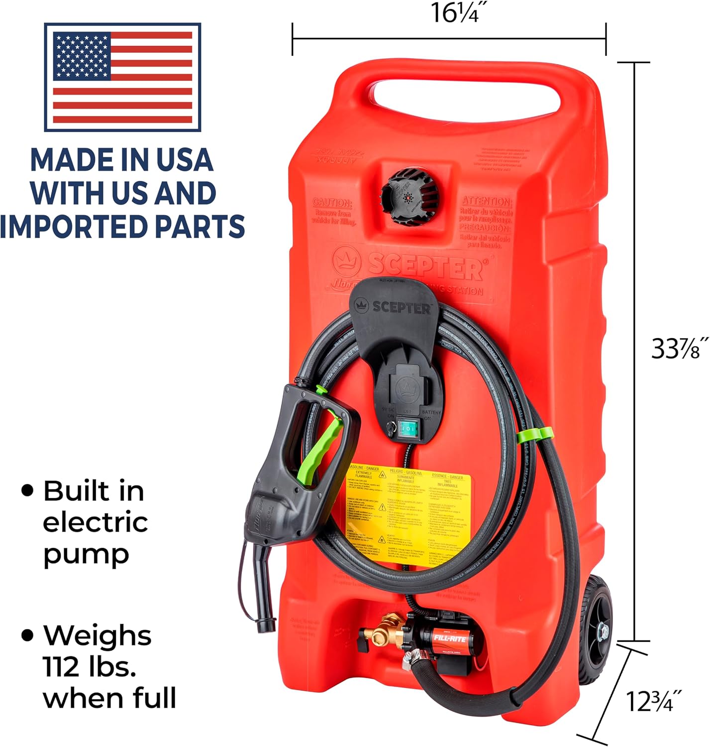 Scepter Duramax Flo ’N Go 14 Gallon Gas Caddy, 53 Liter Fuel Tank, Red | Updated Version, Portable Fuel Transfer Pump with 10-Foot Hose for Lawn Mower, Farm, Marine, Commercial, and Home Use
