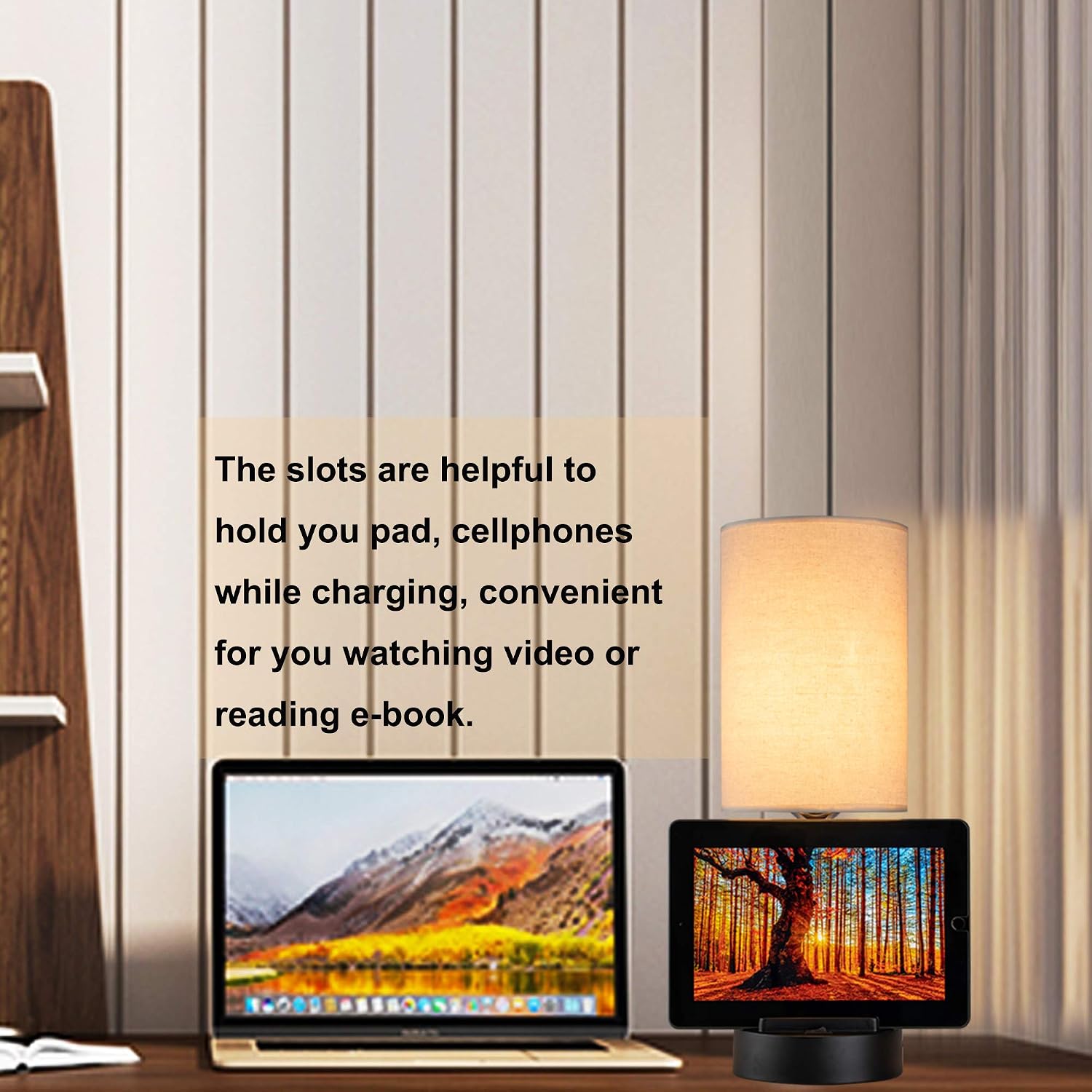 Dreamholder Table Lamp with 3 USB Charging Ports, Modern Desk Lamp with AC Outlet and Phone Stands, Perfect Bedside Lamp for Bedroom, Living Room