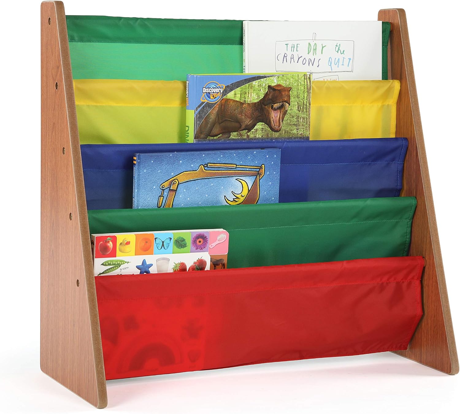 Humble Crew Kids Bookshelf, Montessori Front Facing Toddler Bookcase 4 Tier | Book display rack and reading nook organizer, nylon pockets show covers face out, compact for any playroom or bedroom space