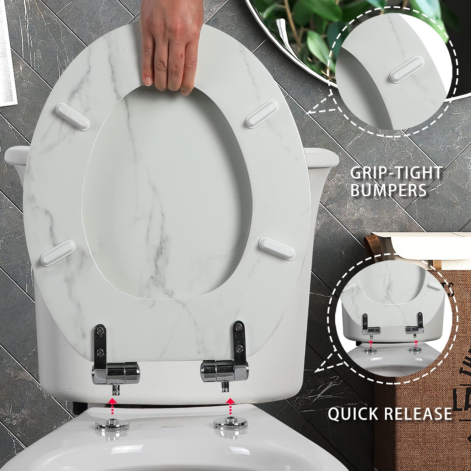Angel Shield Marble Toilet Seat Durable Molded Wood with Quiet Close,Easy Clean，Quick-Release Hinges (Elongated,Black Marble)
