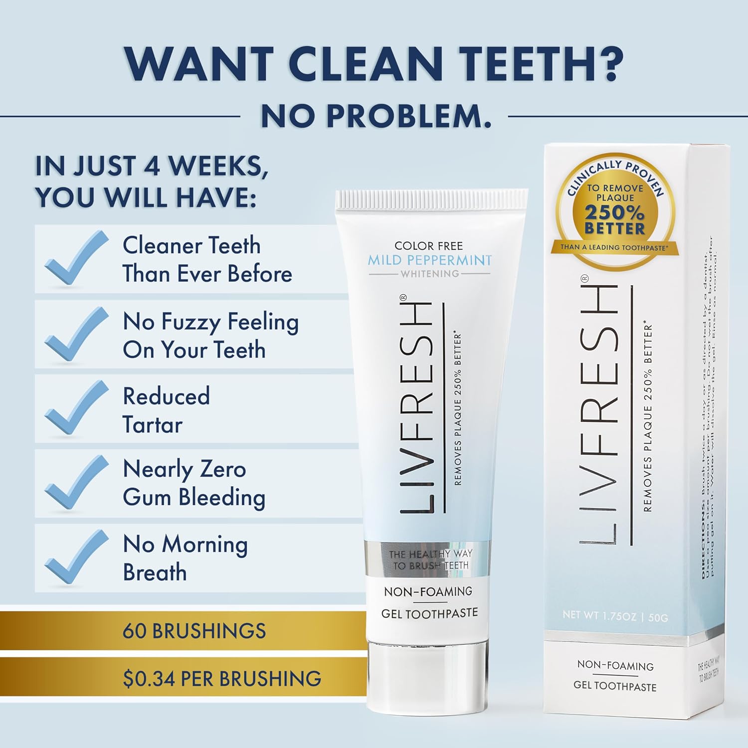 LIVFRESH Toothpaste Gel, Clinically Proven to Remove Plaque 250% Better, Improves Gum Health 190% Better, Prevents & Reduces Tartar, Freshens Breath, SLS Free Dental Gel, Wintergreen
