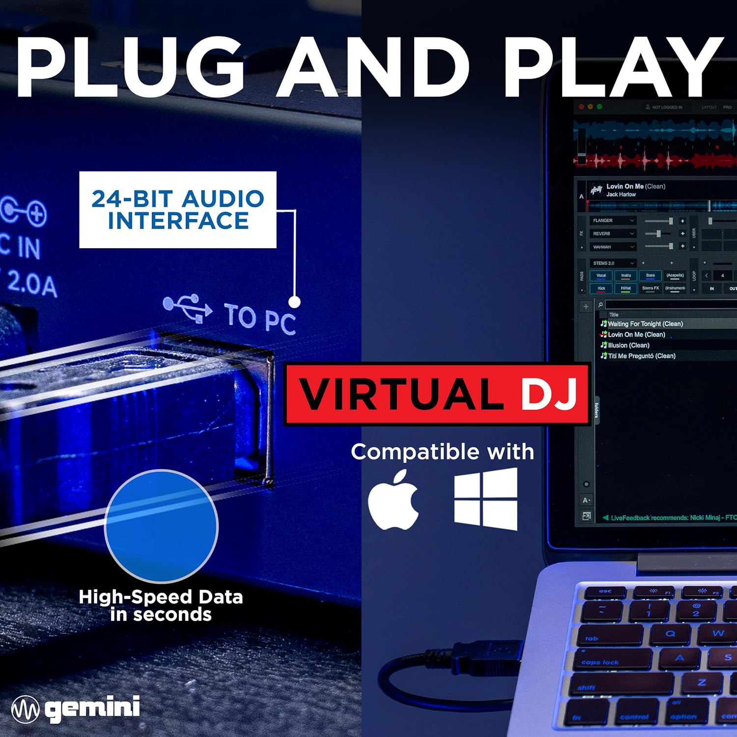 Gemini USB DJ Controller & Media Player, VirtualDJ LE (GMX) | USB DJ controller & media player - touch jog wheels, dual screens - VirtualDJ LE