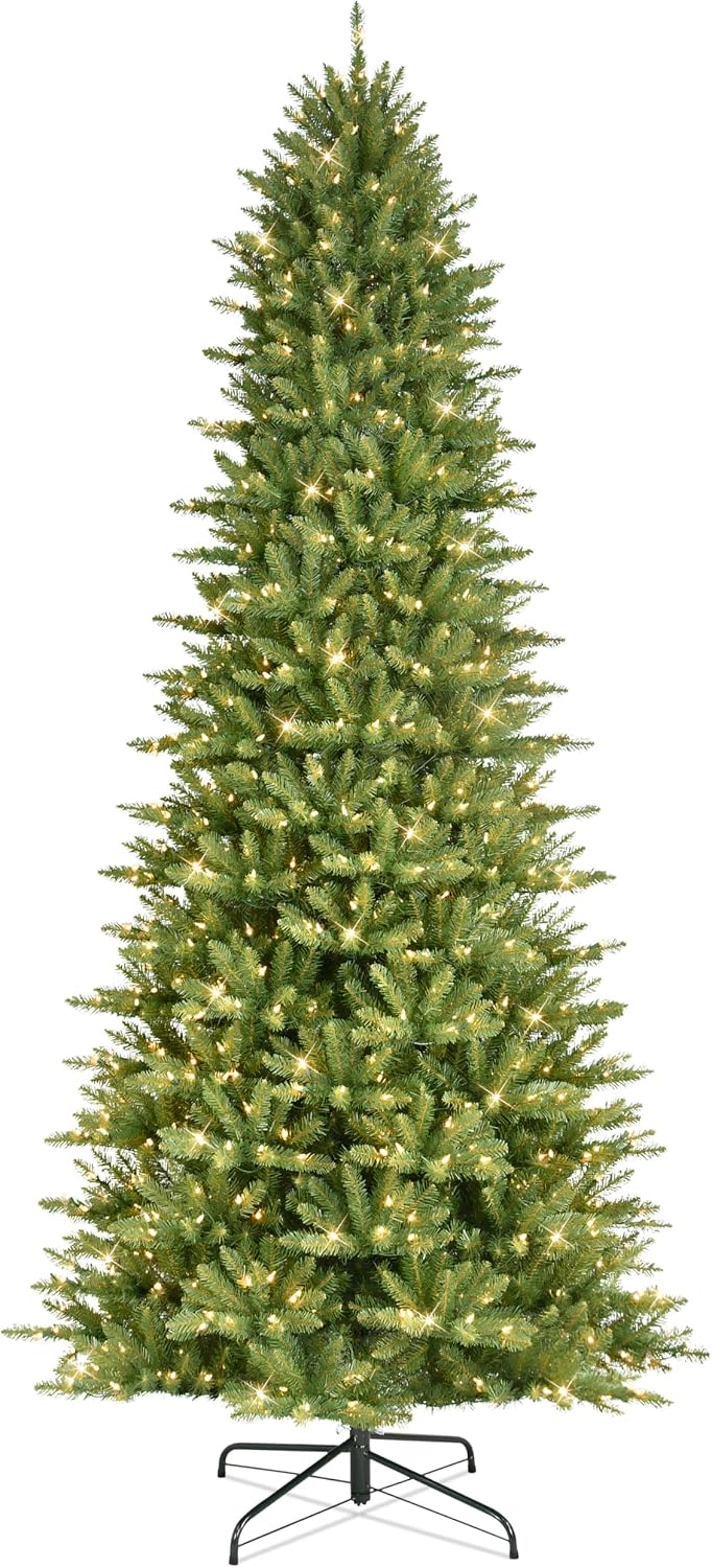 Puleo International 7.5ft Pre-Lit Slim Fraser Christmas Tree with 500 Warm White LED Lights, 1453 Realistic Dense Branch Tips, Easy Setup Artificial Trees with Sturdy Metal Stand