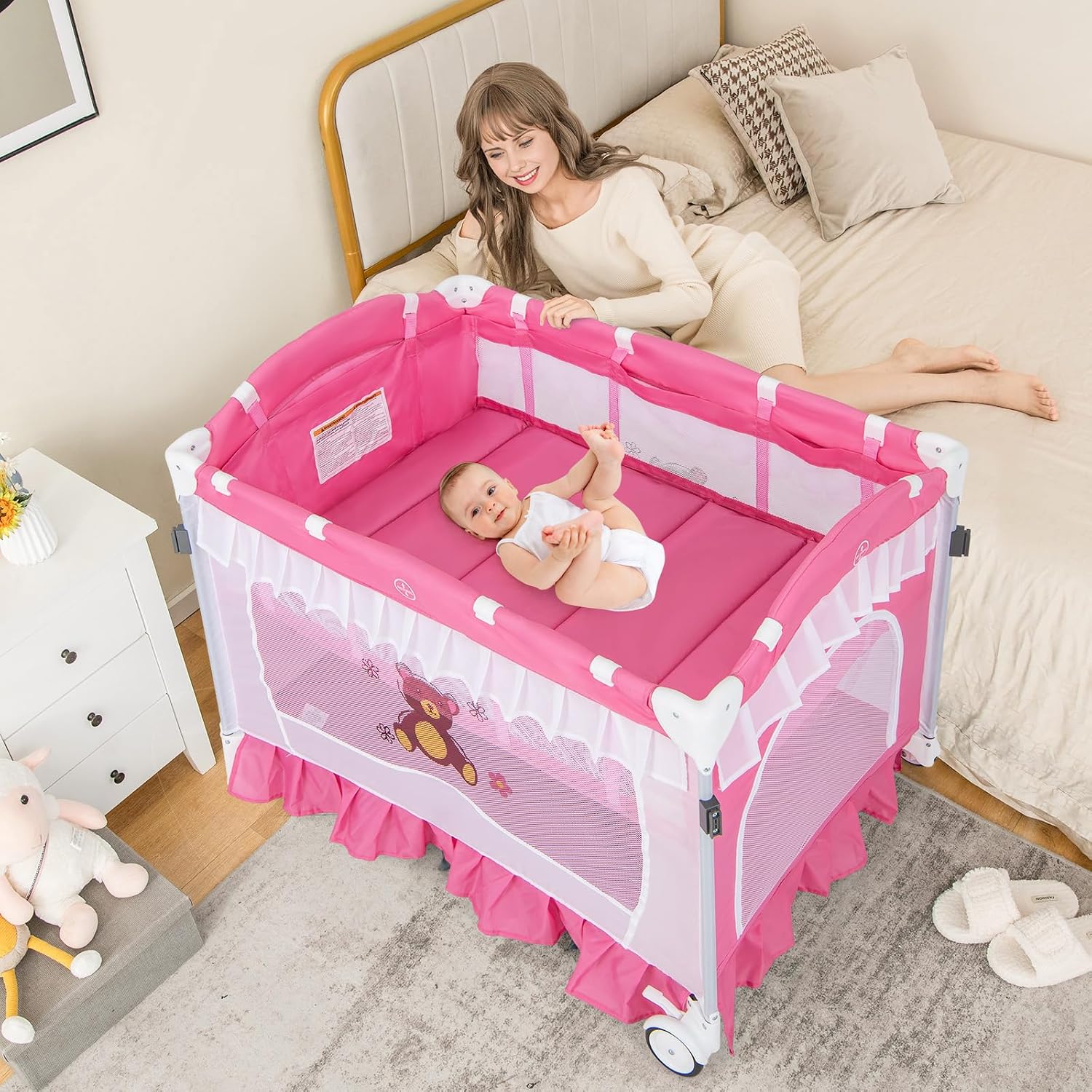 HONEY JOY 4-in-1 Pack and Play with Canopy, Portable Baby Playard w/Changing Table and Infant Bassinet Cute Toys & Music