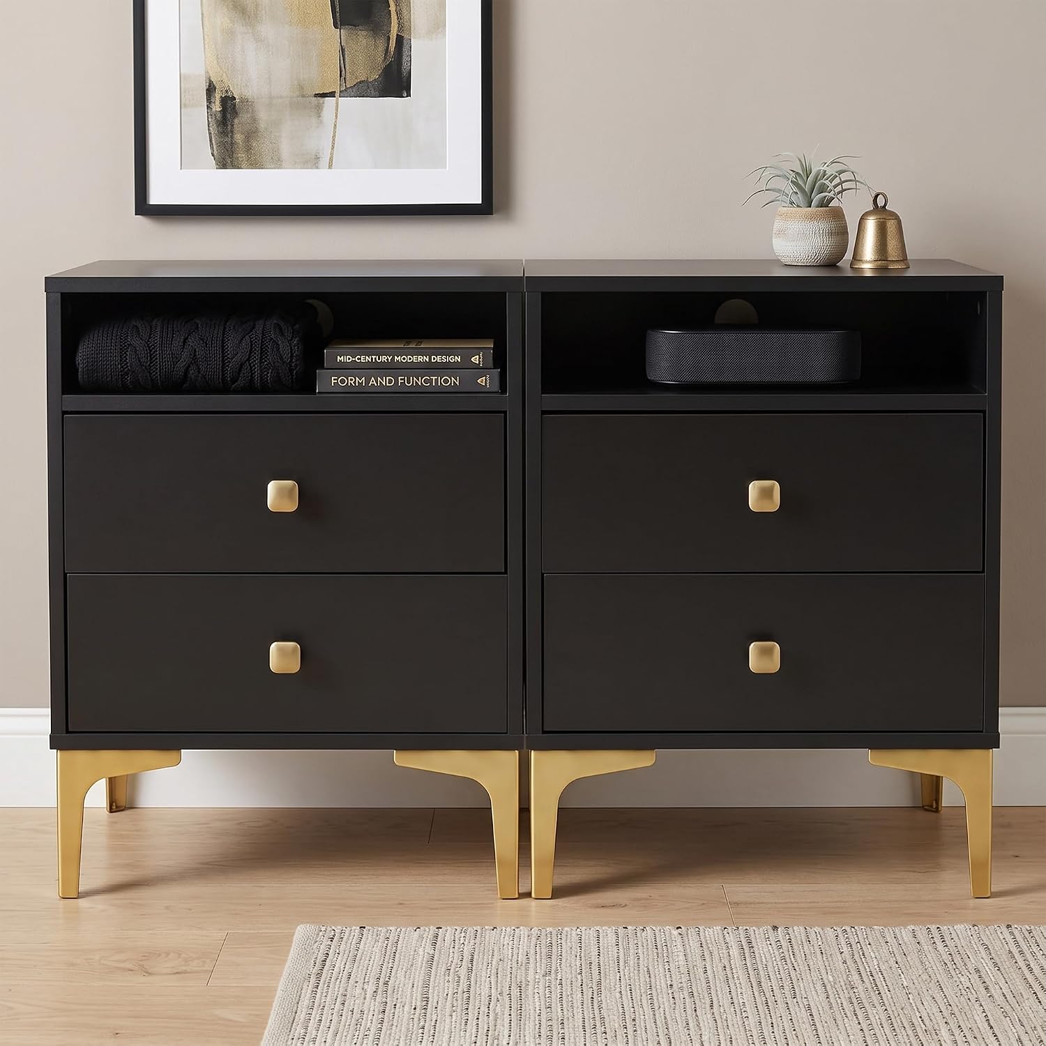 AILEEKISS Black Nightstands Set of 2 with Wireless Charger Station | Modern Bedside Tables Tall Night Stands Storage with 2 Drawers Metal Legs for
