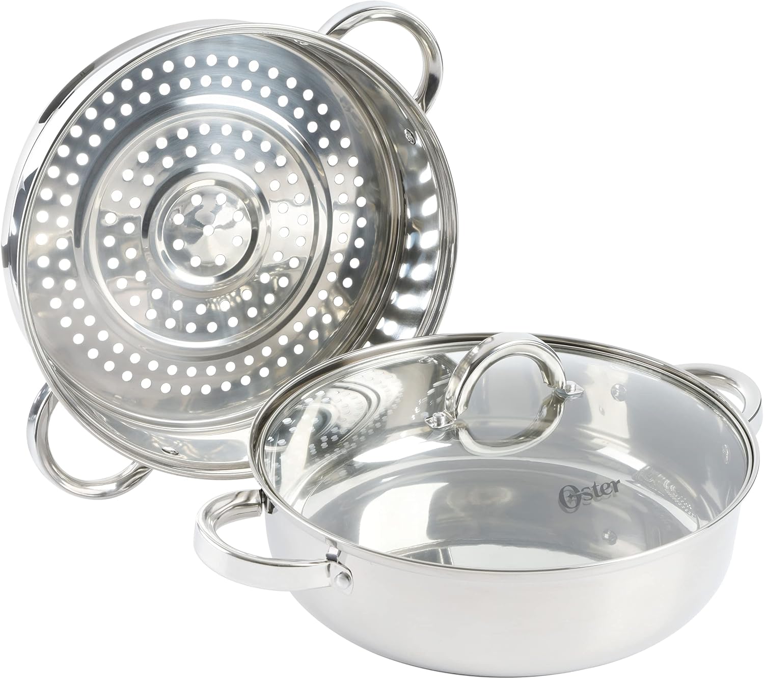 Oster Dutch Oven with Steamer Basket 3-Quart - Sangerfield Stainless Steel, Stovetop Steamer for Vegetables, Rice & Tamales, Dishwasher Safe