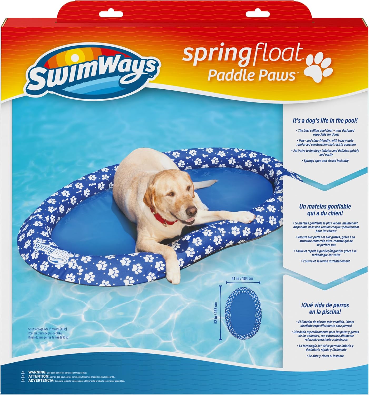 SwimWays Paddle Paws Spring Float Dog Raft, Small (0-65 lbs.) | Fast Inflation for Fast Use During Travel, Durable Scratch-Resistant Design for Use with Dogs, Includes Carrying Case