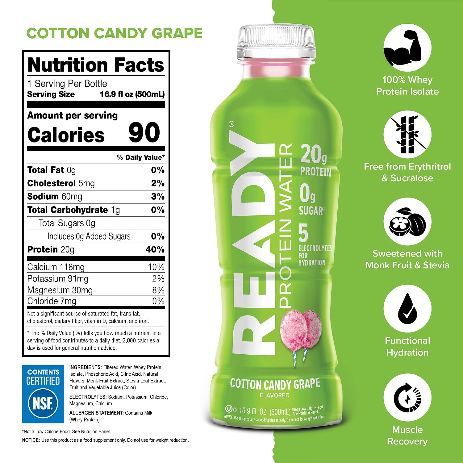 Ready Clear Protein Water, Blueberry, 20g Whey Protein Isolate, 12 Pack