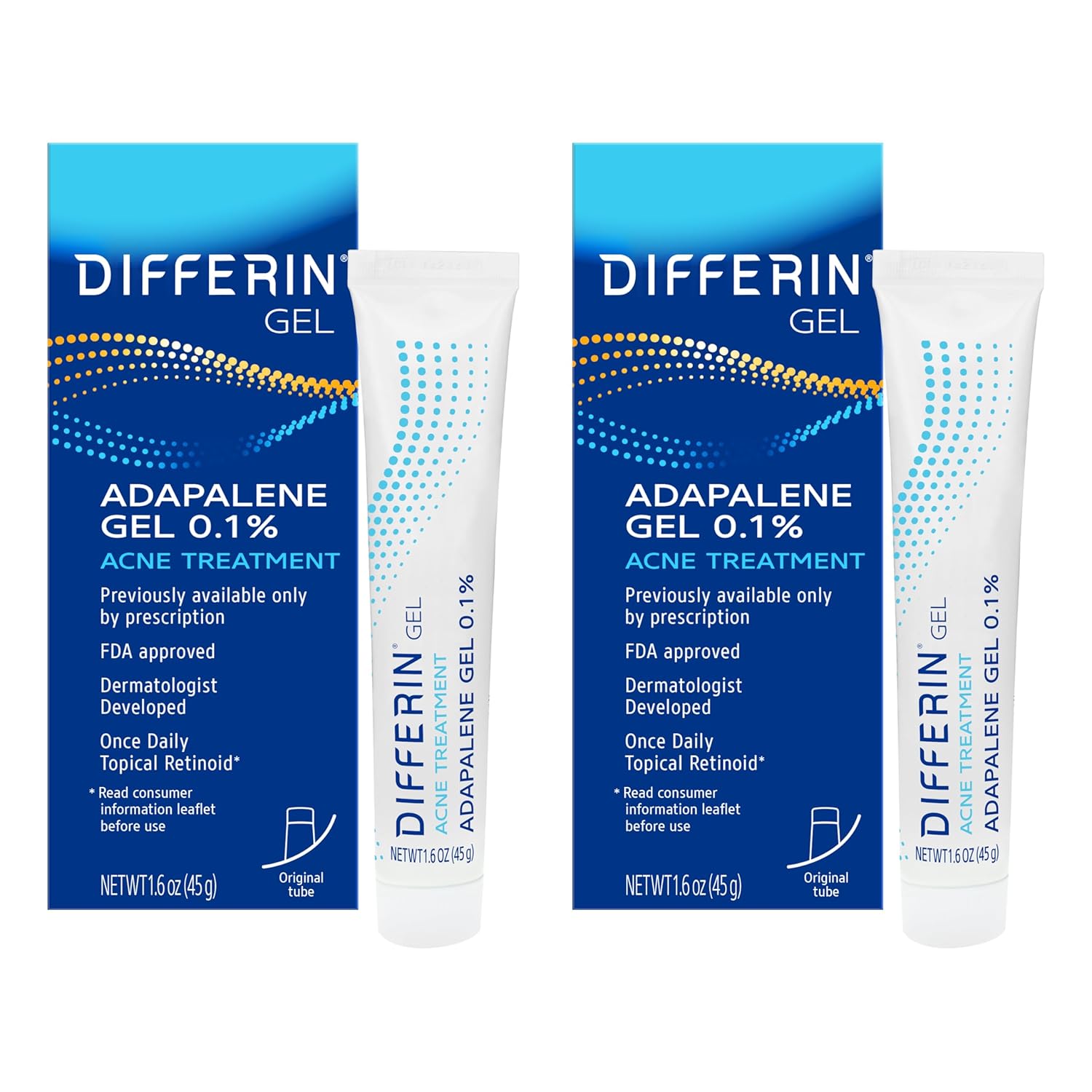 Differin Acne Retinoid Treatment Gel, 0.1% Adapalene, 45g Tube, 2ct