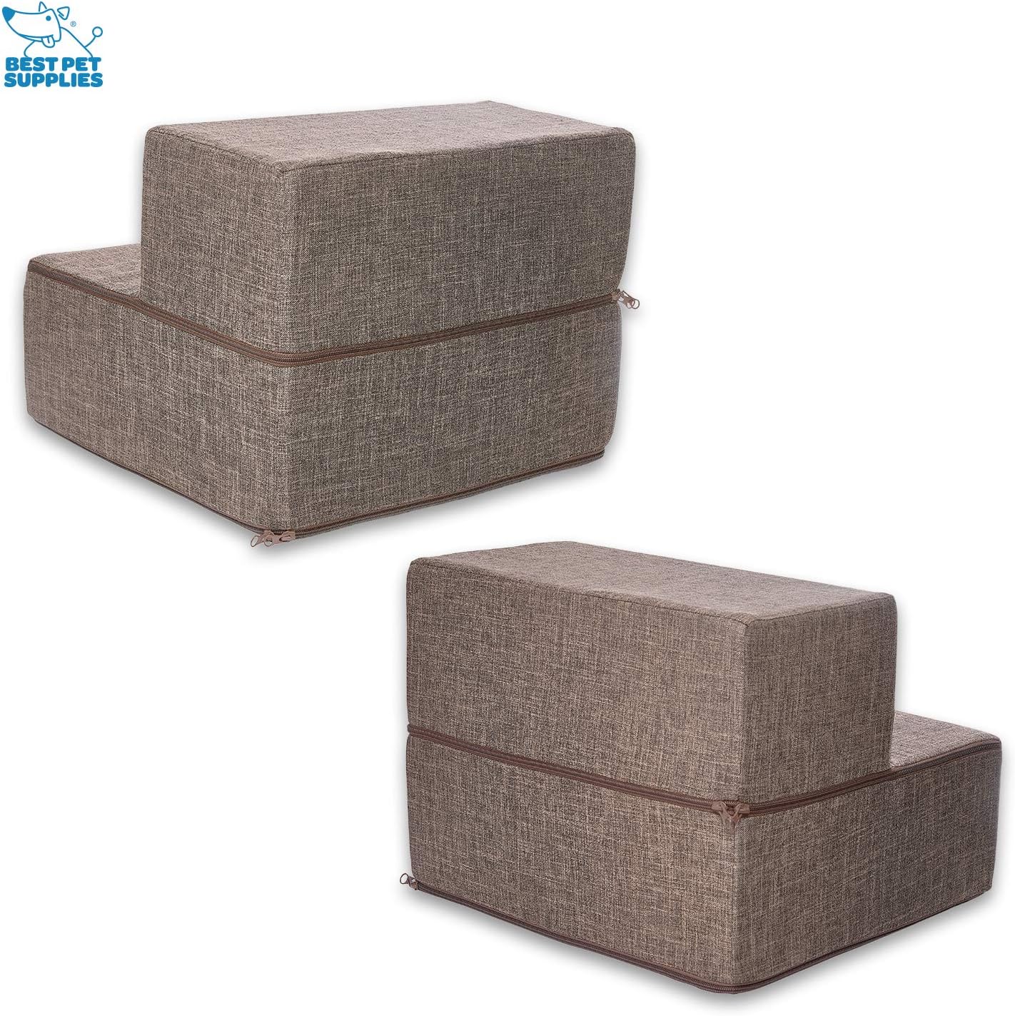 Best Pet Supplies Non-Slip Foam Dog Stair & Pet Ramp, Balanced Indoor Step Support - Foldable Stair, Ash Gray Linen,3-Step