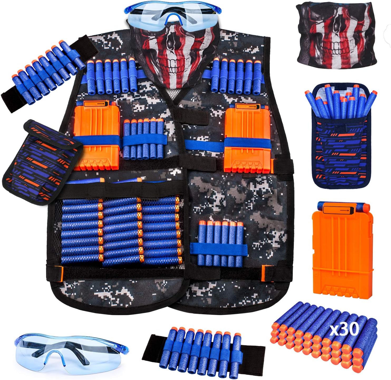 KKONES Kids Nerf Guns Tactical Vest Kit Darts Pouch Clips Mask Glasses