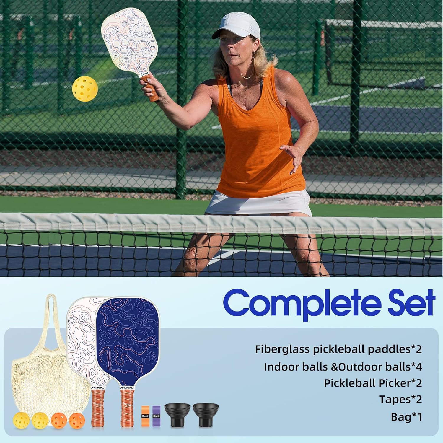 niupipo Pickleball Paddles Set of 2 or 4, USAPA Approved Fiberglass Pickleball Paddle Set with Balls and Bag, Polypropylene Honeycomb Core