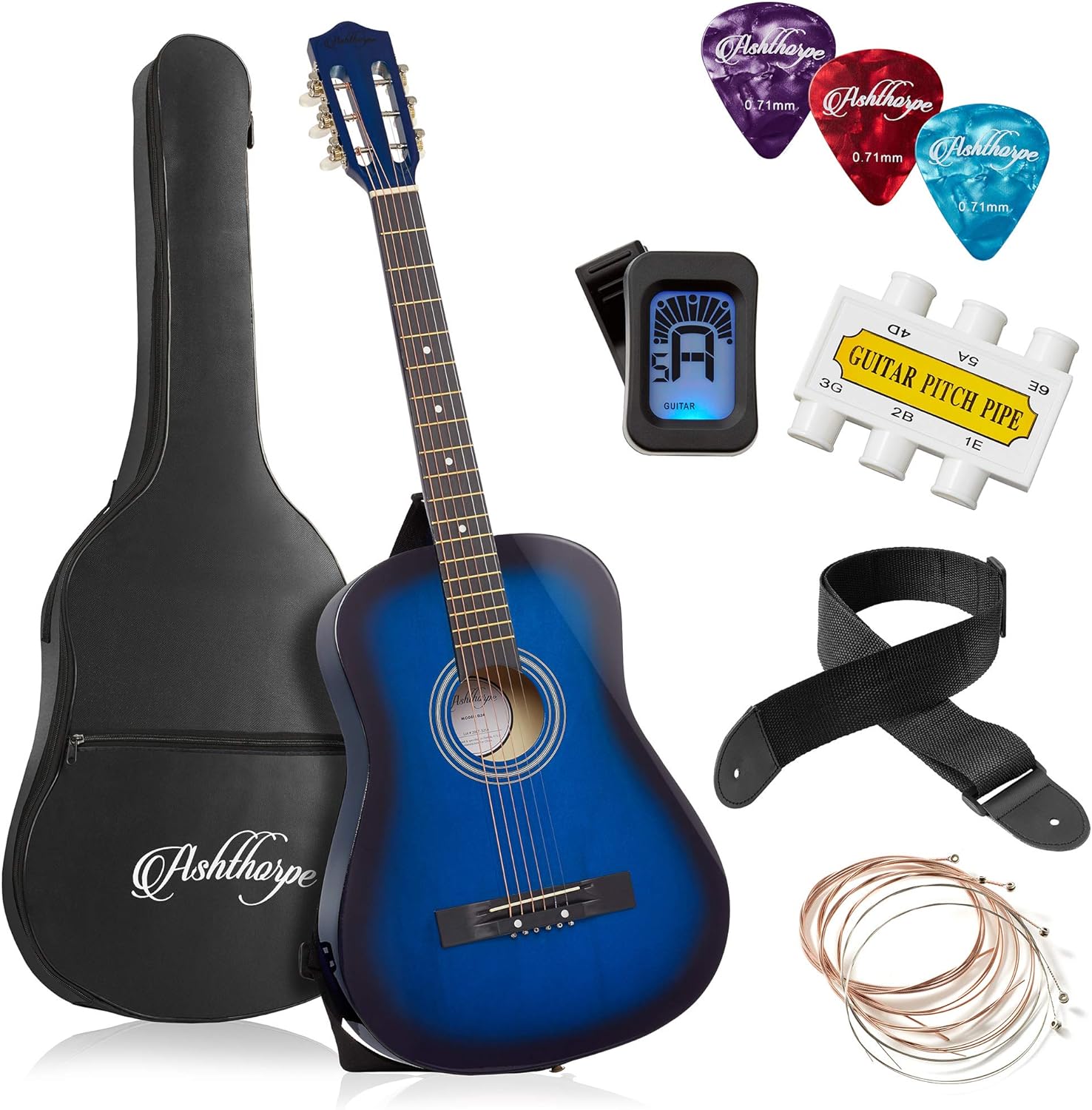 Ashthorpe 38-inch Beginner Acoustic Guitar (Red), Starter Kit with Gig Bag, Extra Strings, Strap, Picks, and Lessons