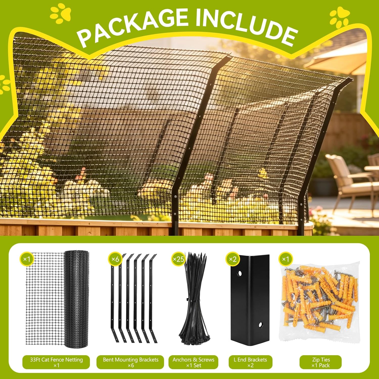 Cat Fence Outdoor Barrier 33FT, Cat-Proof Fence Topper System | Anti-Climb Fence Extender for Existing Fence, Cat Proof Netting for Wood, Metal