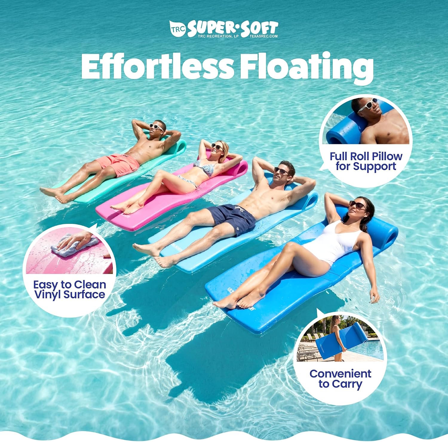 TRC Recreation Ultra Sunsation 2.5” Thick Vinyl Coated Foam Swimming Pool Float Mat Adult Lounger with Built-in Roll Pillow