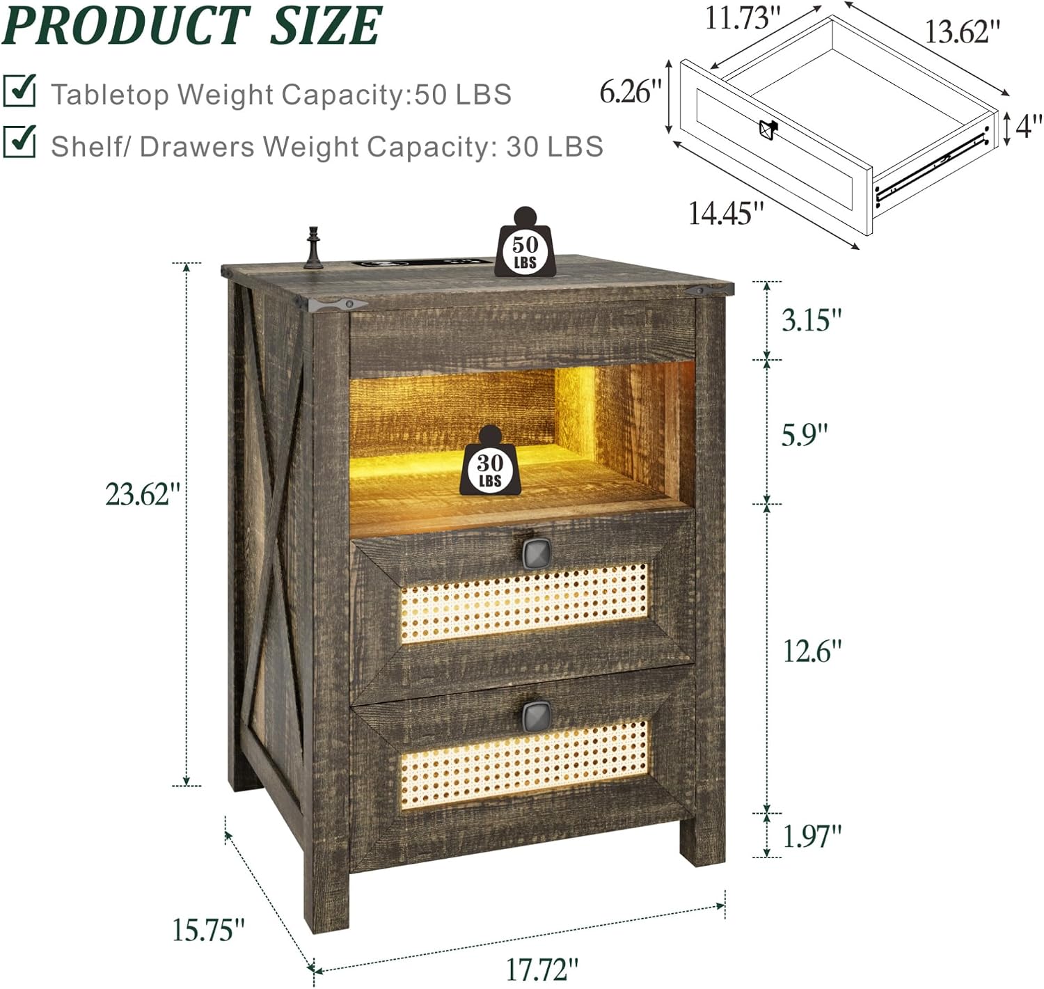 LED Night Stand with Gun Drawer & Charging Station | Human Sensor Lights, Hidden Storage, Farmhouse Rattan Style, 3 Drawers, Bedside Table for Bedroom, End Tables Livingroom