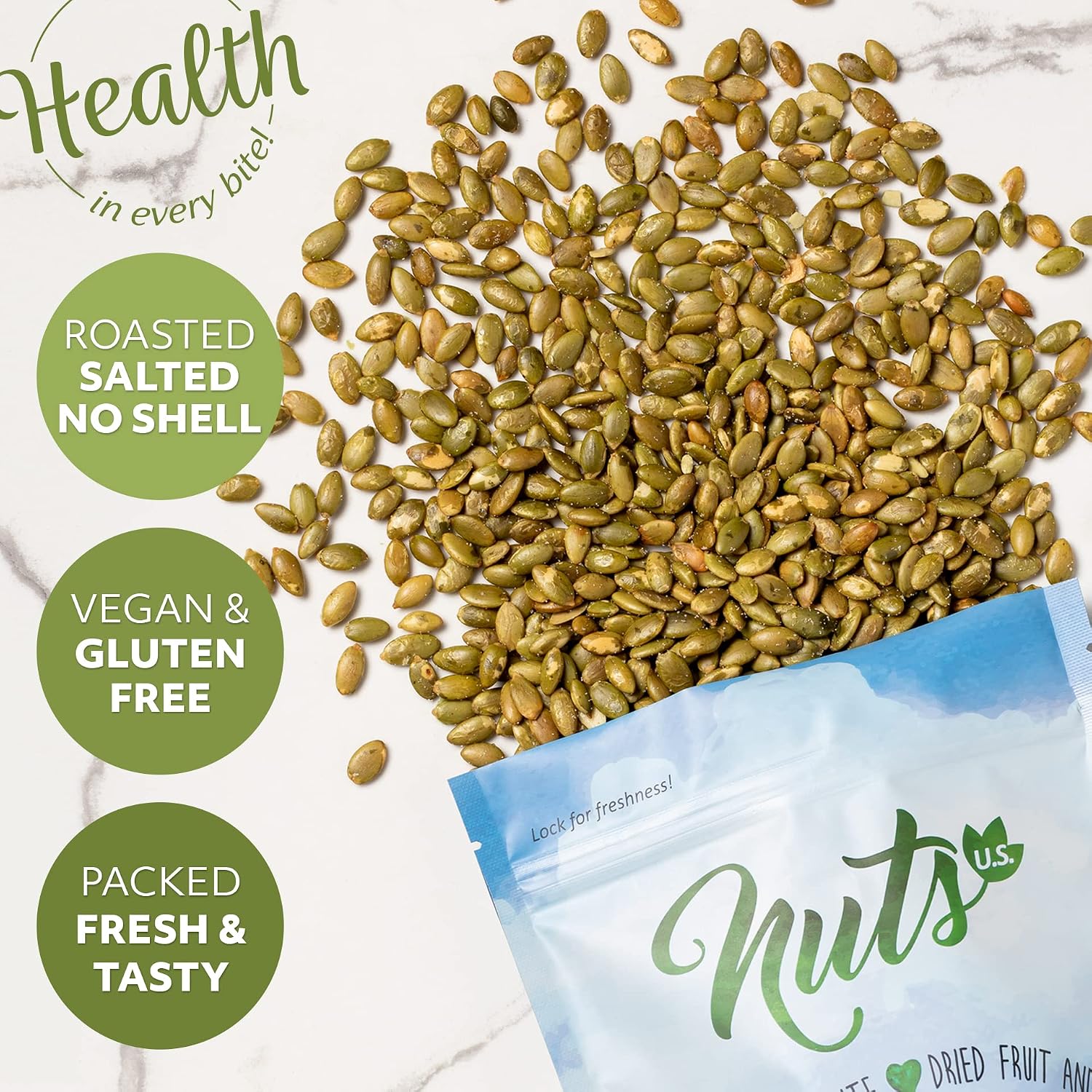 NUTS U.S. - Pumpkin Seeds (Pepitas) | Roasted and Salted | No Shell | Vegan and Gluten Free | Packed in a Resealable Bag!!! (2 LB)