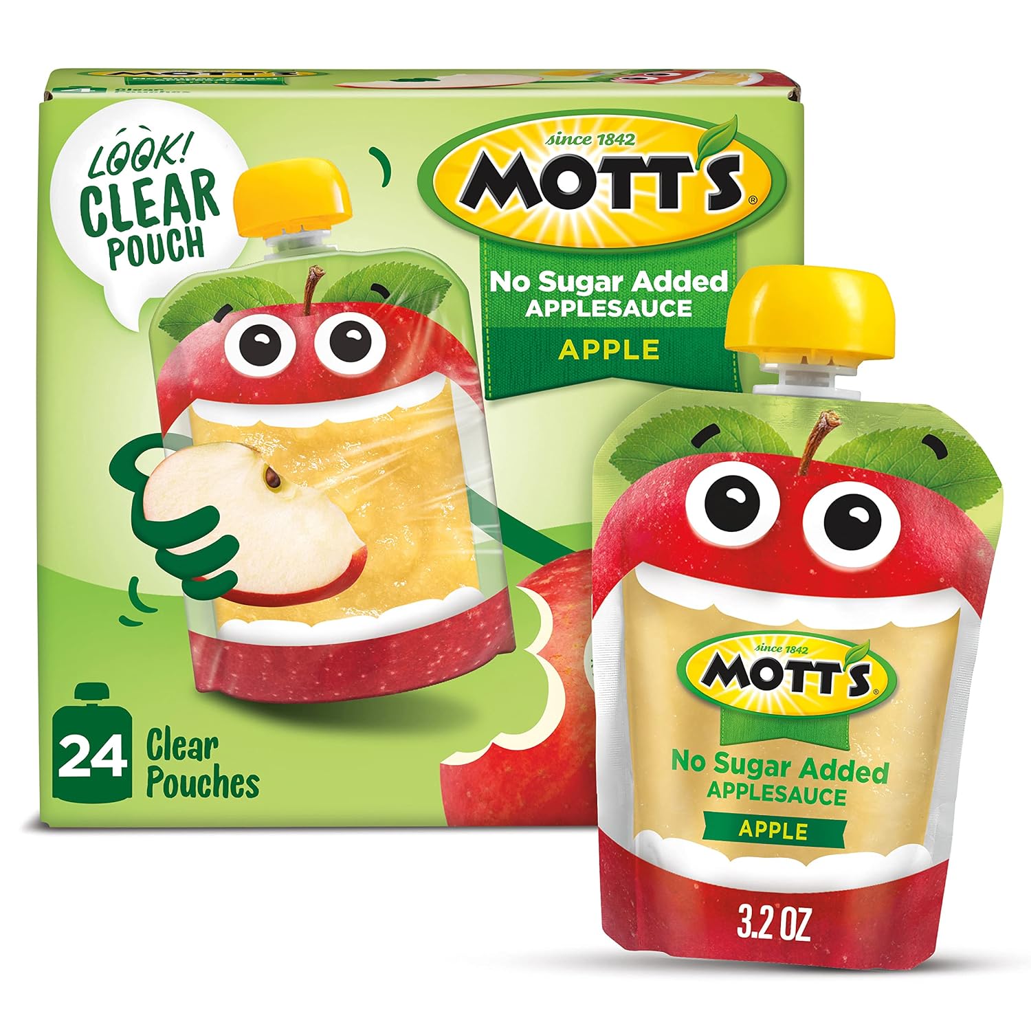 Mott's No Sugar Added Strawberry Applesauce, 3.2 Oz Clear Pouches, 48 Count (4 Packs Of 12), Good Source Of Vitamin C, No Artificial Flavors