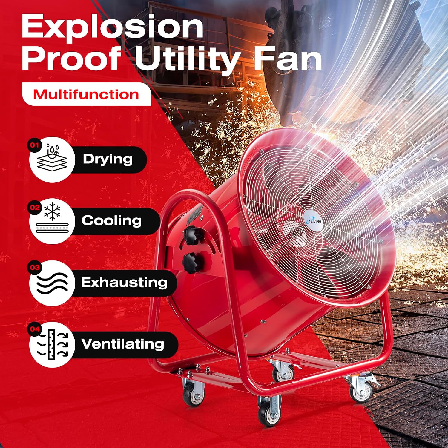 iLiving - ILG8EF12EX Explosion Proof Utility High Velocity Blower, Fume Extractor, Portable Exhaust and Ventilator Fan, Air Ventilation with 2720 CFM