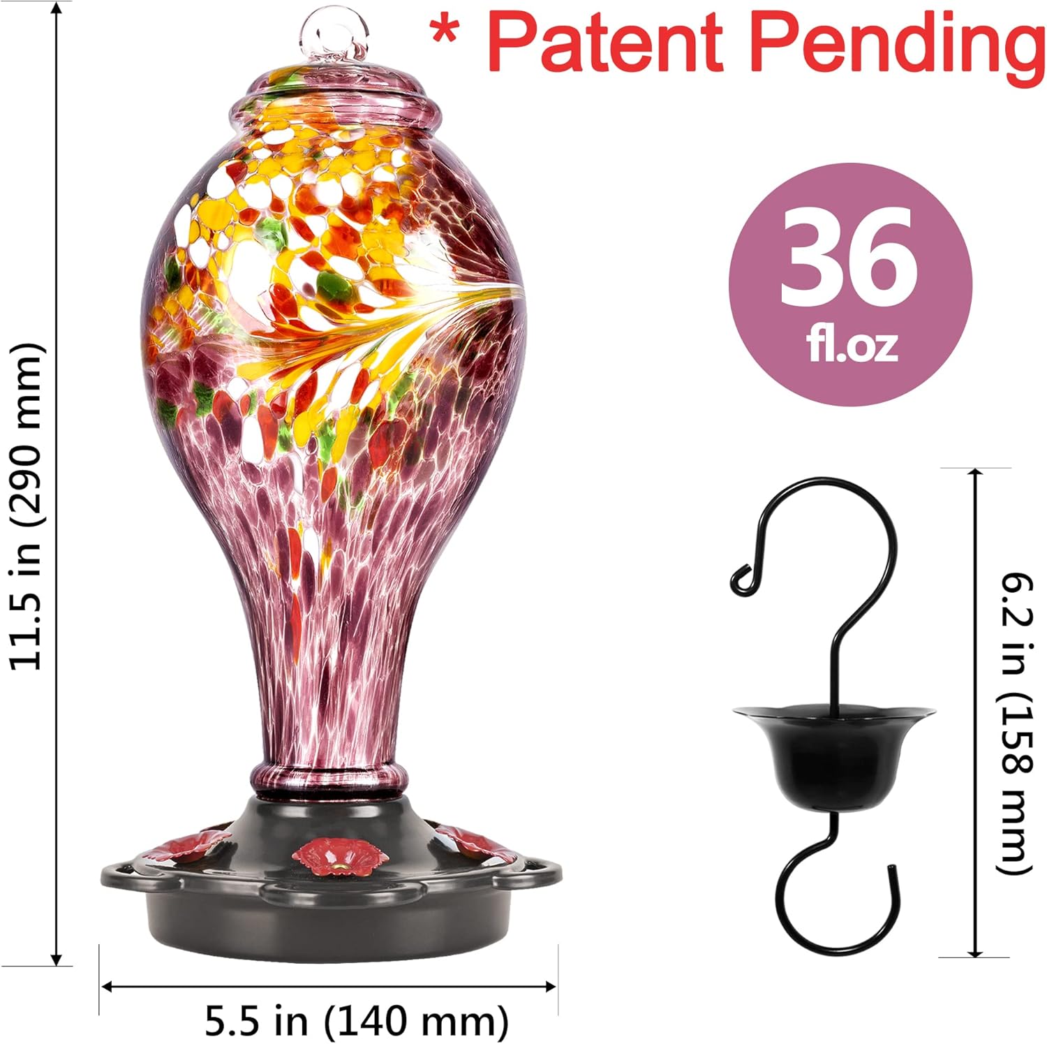 LUJII Hummingbird Feeder, Hand Blown Glass Hummingbird Feeder, Never Fade, 36 Fluid Ounces, 5 Feeding Metal Stations, Much Bigger, Garden Backyard Decorative, Containing Ant Moat (Blue)
