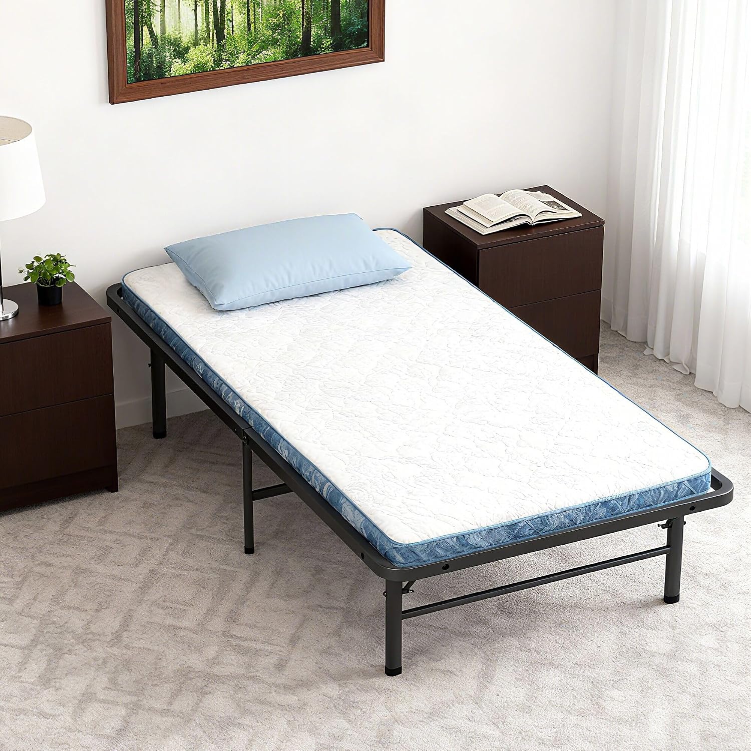 BestMassage | Twin Bed Frame | Metal | Heavy Duty Steel Slats with 6 Legs | Foldable | Sturdy, No Box Spring Needed | Easy to Assemble with Under-Bed Storage | Furniture for Home, Dorms