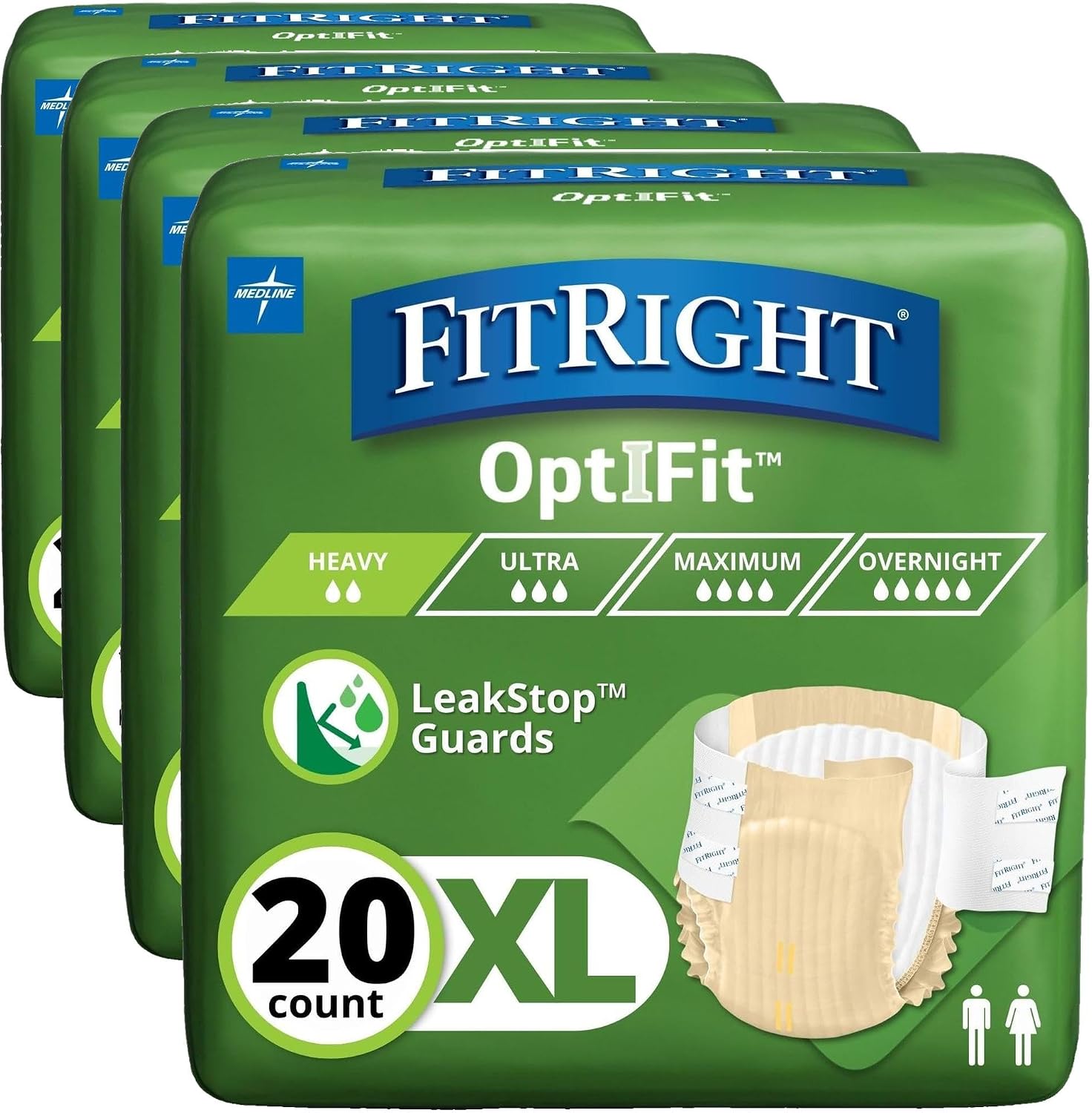 FitRight Adult Diapers, Extra+ Heavy Absorbency, M (Waist Size 32in-44in), 80 Count, OptiFit Incontinence Briefs for Men and Women, Disposable, Moisture-Wicking, Leak Protection,