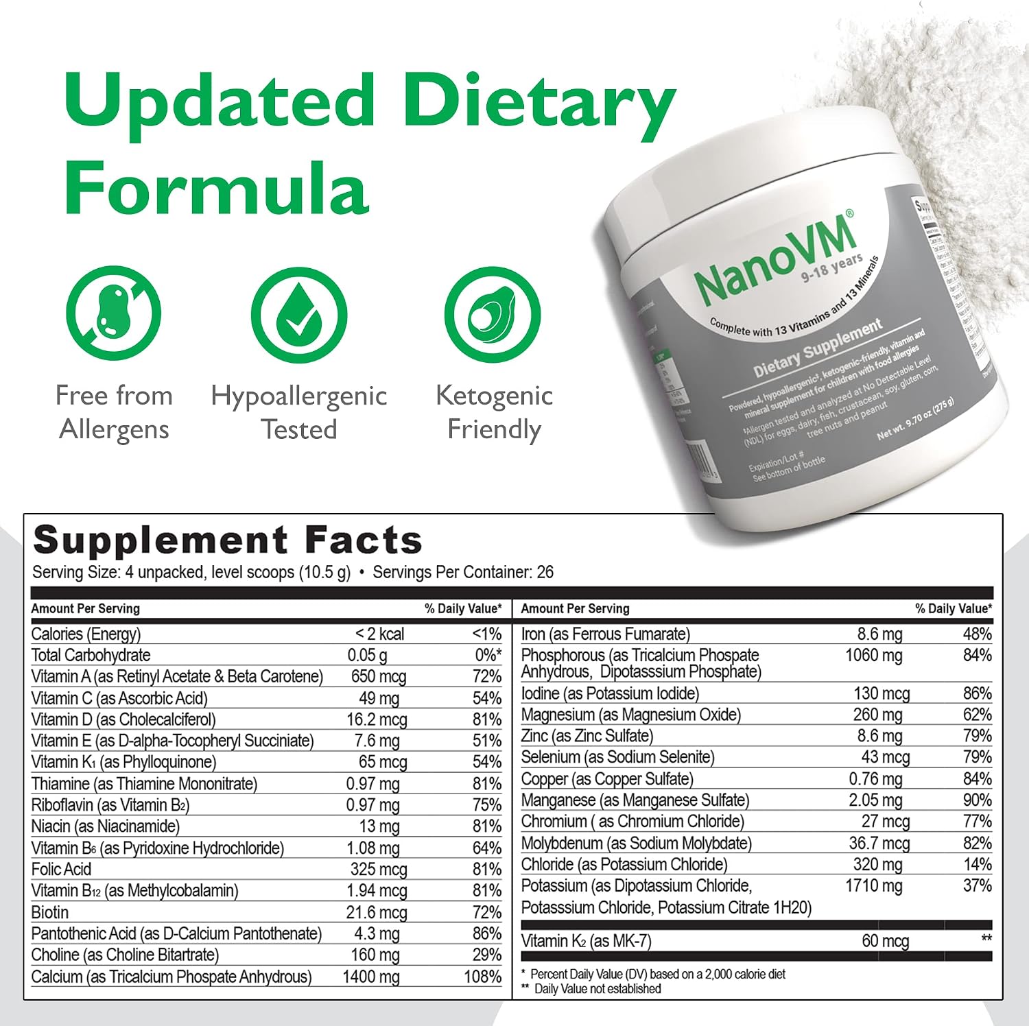 1-3 Years, Allergen-Free Multivitamin for Kids, Unflavored Dietary Supplement, Powdered Supplement with 14 Vitamins & 13 Minerals, Low-Carbohydrate Toddler Vitamins, 275g - Solace Nutrition