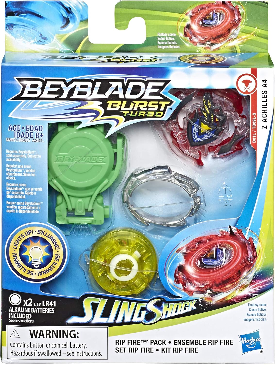 Beyblade Burst Slingshock Rip Fire Starter Pack Z Achilles A4: Battling Light-Up Top with Right/Left-Spin Launcher, Age 8+