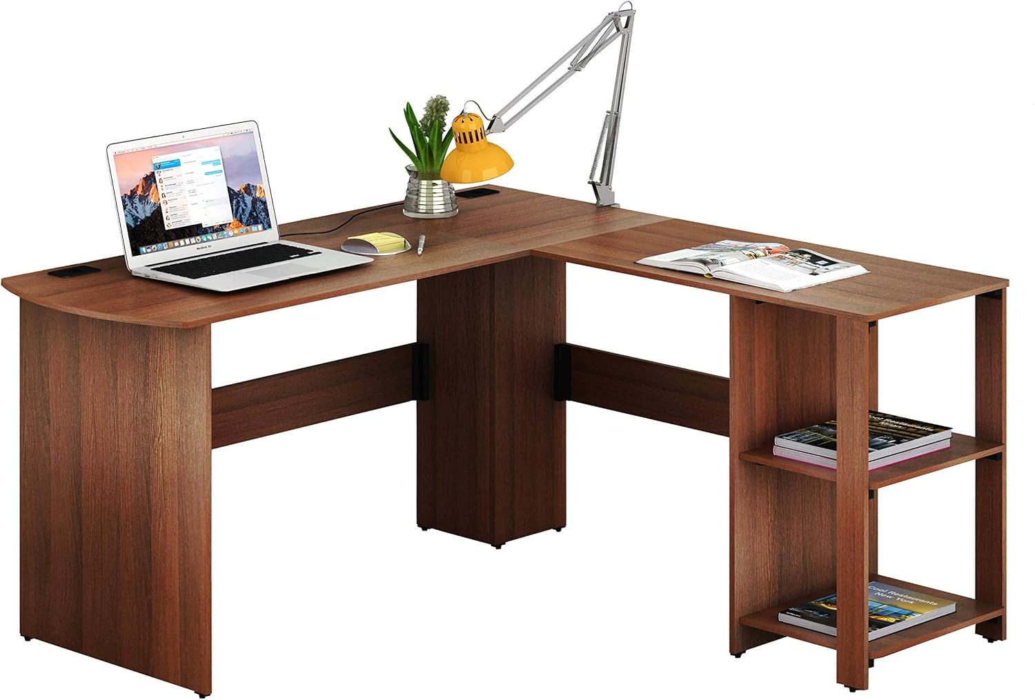 SHW 51 x 51 L-Shaped Home Office Wood Corner Desk with Storage, Espresso | Integrated Book Shelves