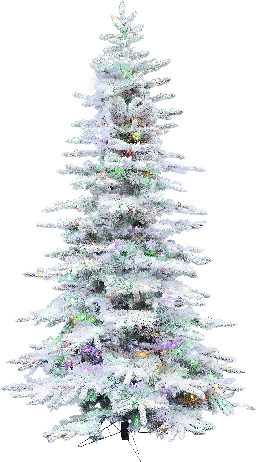 Fraser Hill Farm 7.5-Ft. Mountain Pine Flocked Artificial Christmas Tree with Stand, Unlit Foldable Fake Tree with Realistic Snowy Foliage for Home Decoration