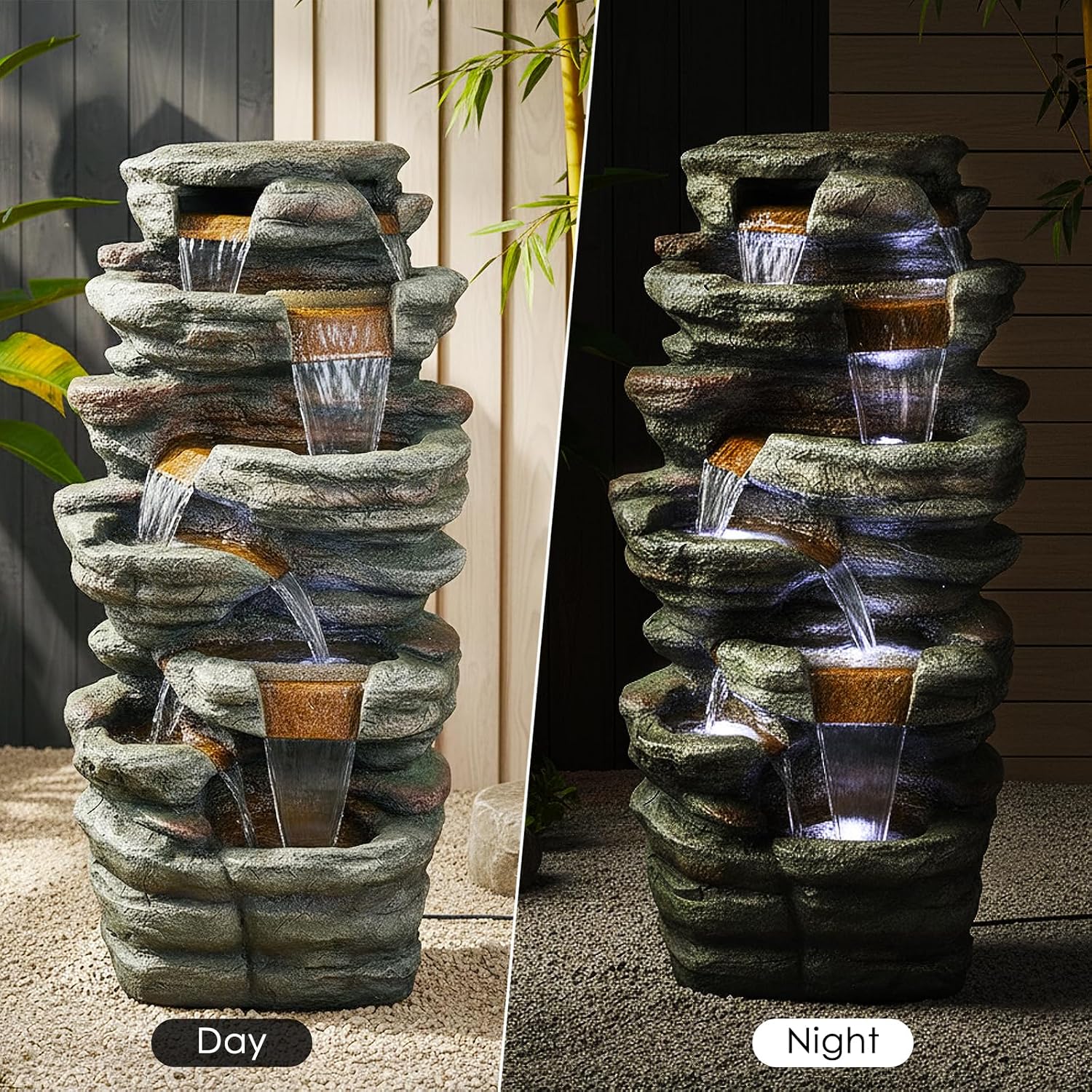 SunJet 40.5” High Rocks Outdoor Water Fountain - 6-Tiers Cascading Waterfall with LED Lights, Soothing Tranquility for Home Garden, Yard Decor