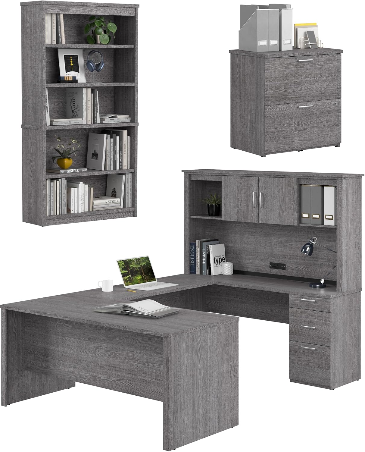 Bestar U or L Shaped with Hutch and File Cabinet, Bark Grey, Logan, 66W