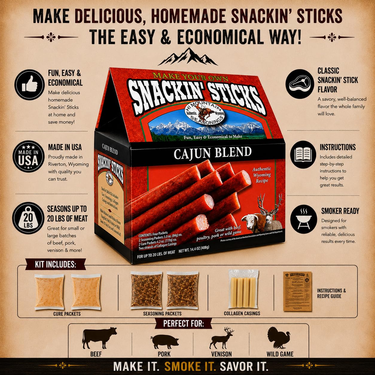 Hi Mountain Snack Stick Seasoning Kit | ORIGINAL | Makes 20 lbs | Complete Snack Stick Kit, Seasoning, Cure, Casings, & Directions Included, For Beef, Deer, Elk, Venison & Wild Game Meat
