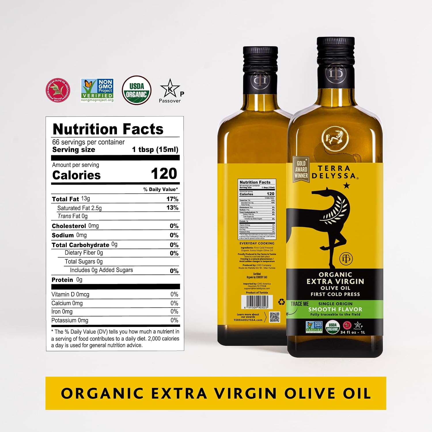 Terra Delyssa First Cold Pressed Organic Extra Virgin Olive Oil, Single Sourced, 500 ML (17 fl. oz) Dark Glass Bottle - 3 Pack, Non-GMO, Naturally Rich in Antioxidants and Polyphenols