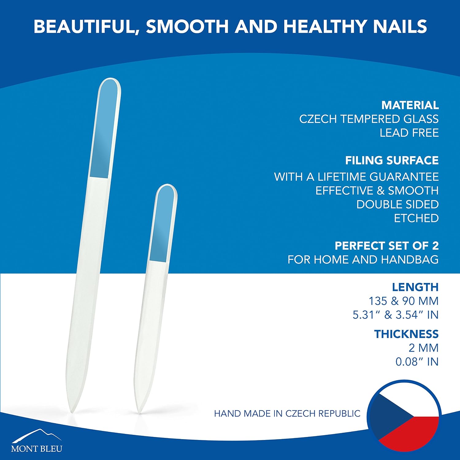 Mont Bleu Set of 2 Czech Glass Nail Files - Genuine Czech Tempered Glass - Handmade - Double Sided - Etched - Crystal Nail Files for Natural Nails