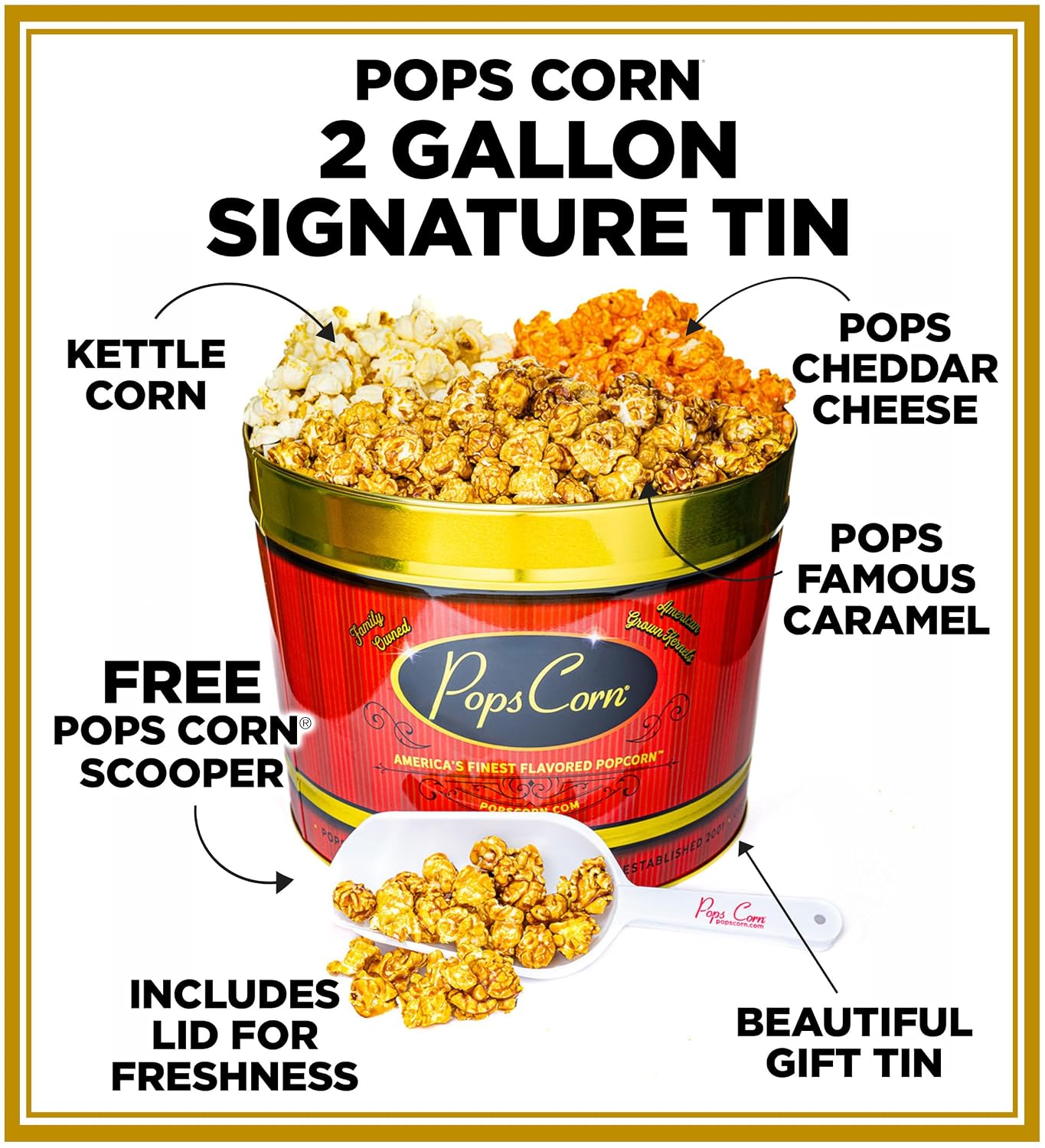 Gourmet Popcorn Gift Tin. Large 2 Gallon. 3 Amazing Flavors. Caramel, Cheese & Kettle Corn. Perfect for Mom, Dad, Coworkers, Secretary, Nurse