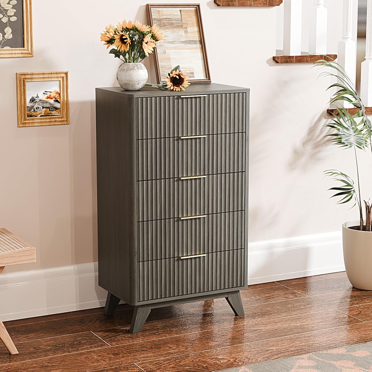 VINGLI Fluted Tall Dresser 5 Drawer, 23.66" W Chest of Drawers Gray Wood Dresser with Rounded Edges, Grey Dressers for Bedroom