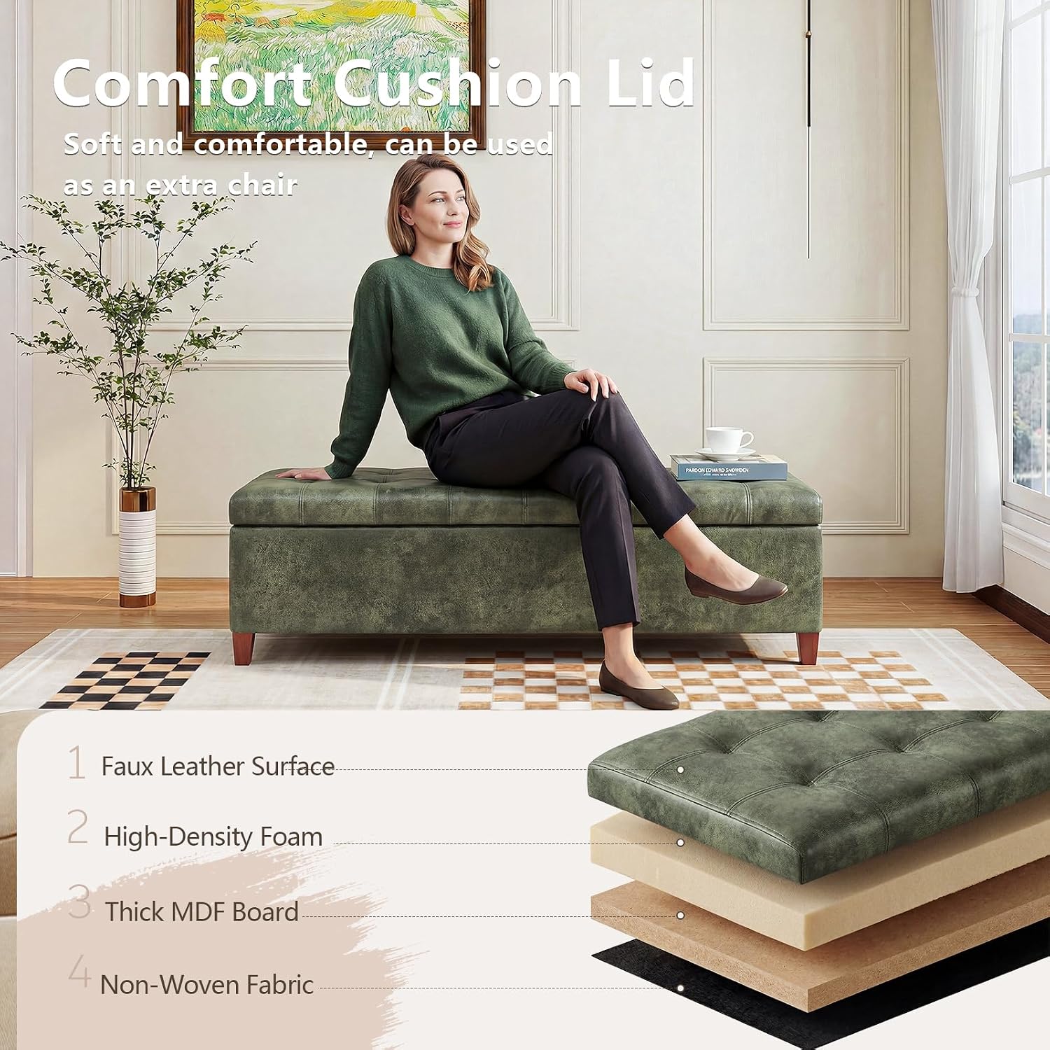51 Inch Storage Bench,Leather Tufted Storage Ottoman with Legs | Safety Hinges,Wooden Legs,Upholstered,End of Bed,Bedroom,Living Room,Entryway,330LBS,Brown
