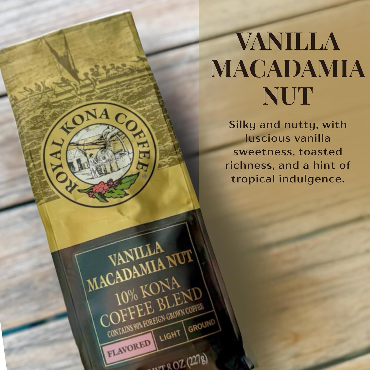 ROYAL KONA COFFEE - Medium Roast Ground Coffee, Vanilla Macadamia Flavor, 8 Ounce