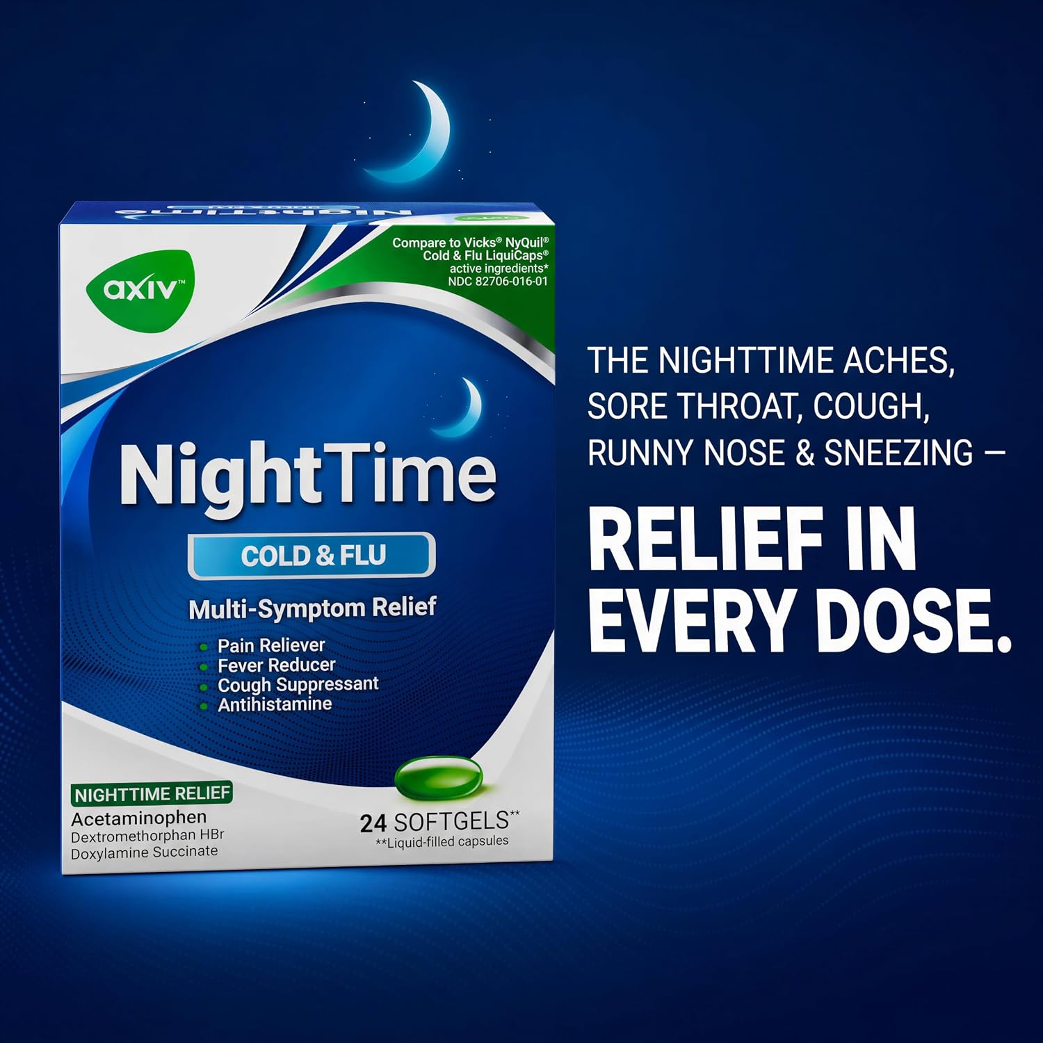 AXIV Nighttime Cold & Flu Relief Softgels, Multi-Symptom Nighttime Relief for Headache, Fever, Sore Throat, Minor Aches and Pains, Sneezing, Runny Nose, and Cough 24 Count