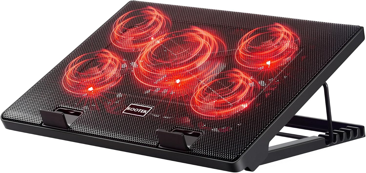 Kootek Laptop Cooling Pad Cooler Stand with 5 Quiet Fans for 12"-17" Laptop | 5 Fans, USB Powered, Laptop Cooling Stand with 2 USB Hub, 6 Adjustable Height, 360° Cooling Coverage, Anti-Slip, Blue LED