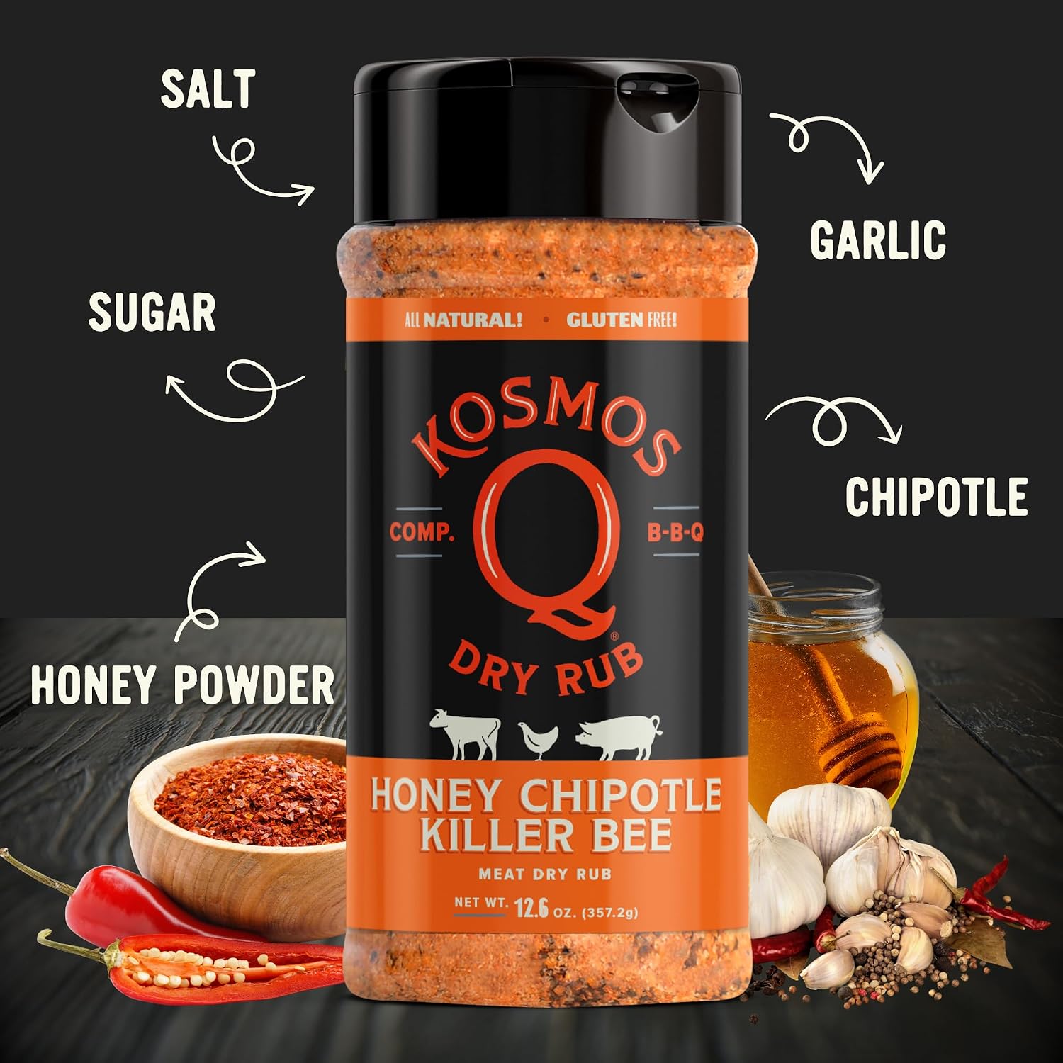 Kosmos Q Hot Dirty Bird BBQ Dry Rub, Spicy Seasoning with Chili Pepper, Brown Sugar, Garlic & Onion for Chicken, Turkey, Ribs, Pork, Dry Rub for Smoking & Grilling Meat, BBQ Spice Blend, 11 Oz Bag