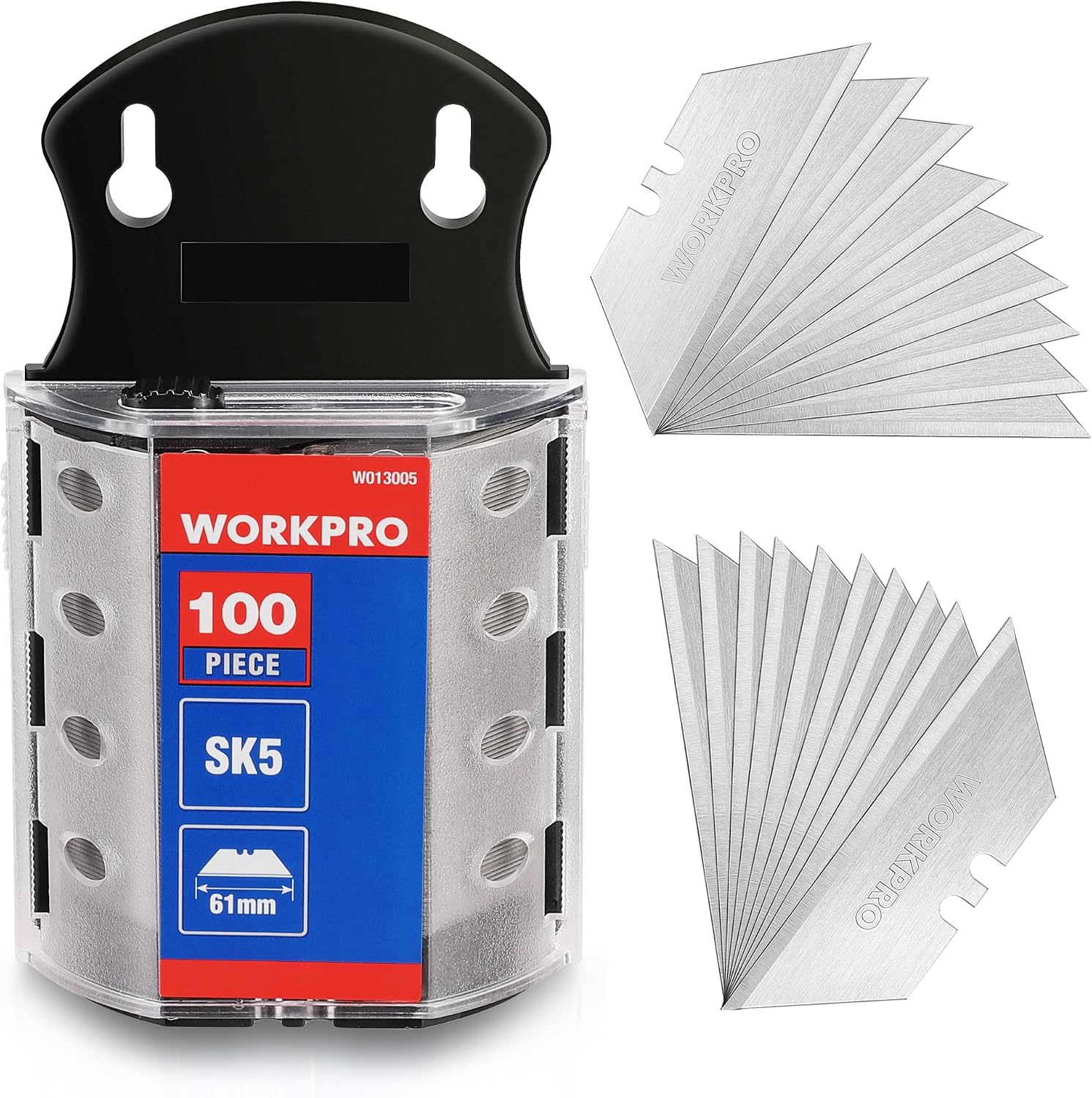 WORKPRO Utility Knife Blades, 100-Pack SK5 Steel Blades with Dispenser | Premium Steel Standard Blades for Box Cutter, Ideal for Cardboard, Leather, Carpet, Rope, Soft Metal, Pipe, etc