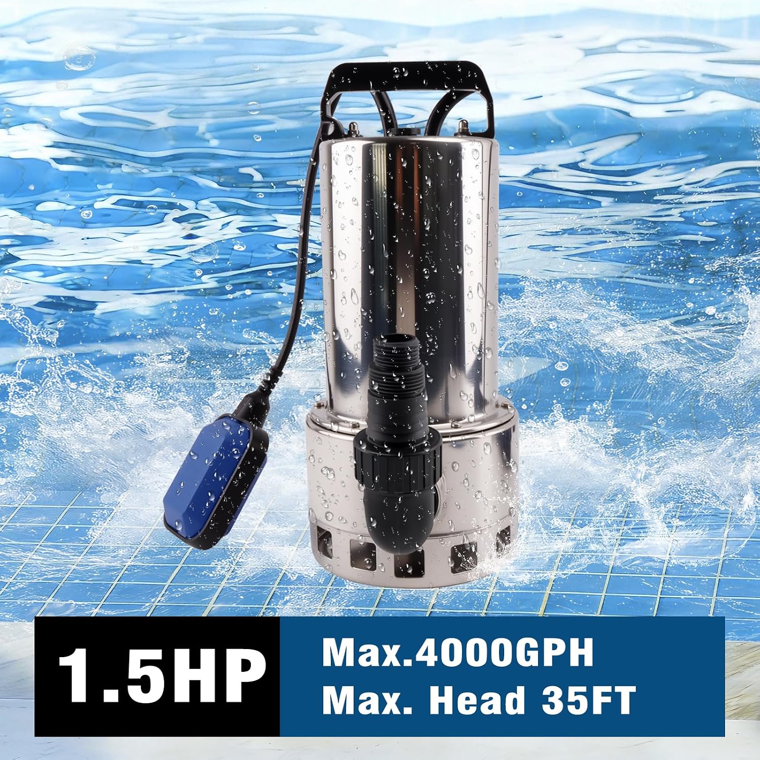 1.5HP Sump Pump, 4000GPH High Flow Clean&Dirty Water Pump