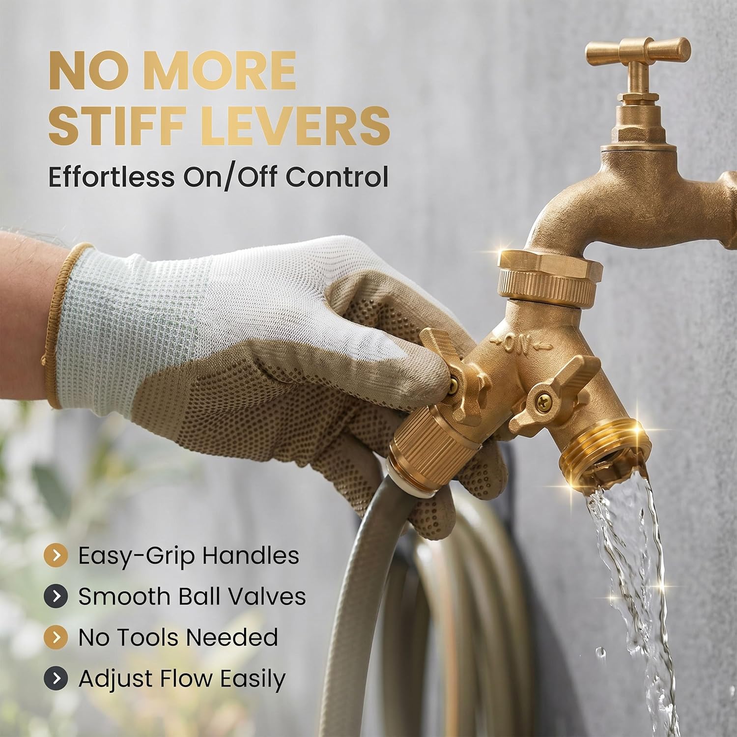 Brass Heavy-Duty Garden Hose Water Splitter | LEAD-FREE 2-Way Y Splitter for Water Spigot & Faucet | Manifold Connector ON/OFF Valves w/Improved Comfort Grip, 3 Extra Washers & Teflon Tape