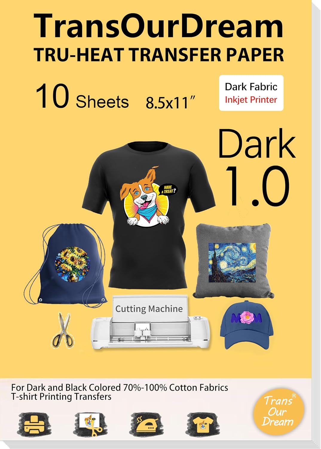 TransOurDream Heat Transfer Paper for Dark T Shirts(10 Sheets, 8.5x11),Printable HTV Heat Transfer Vinyl for Inkjet Printers