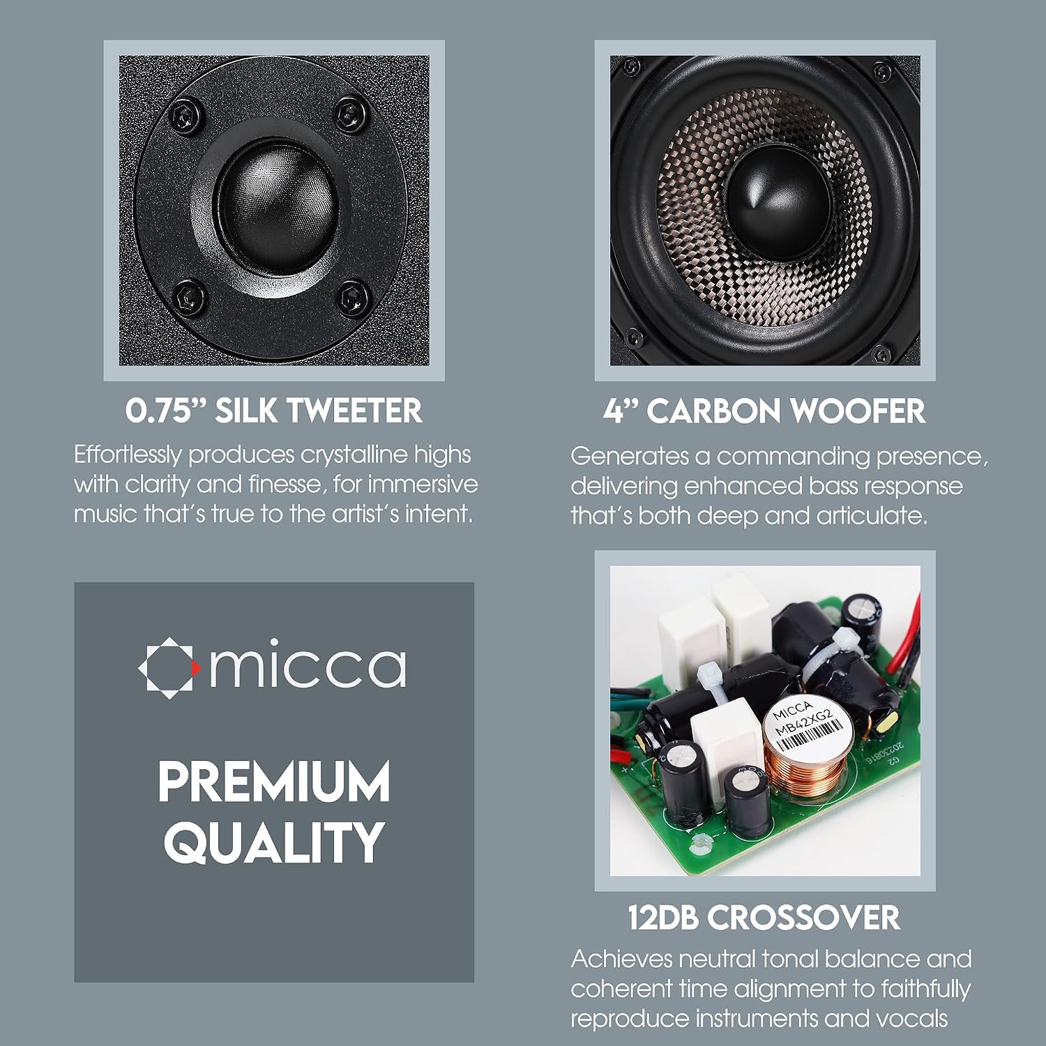 Micca MB42X Advanced 2-Way Passive Bookshelf Speakers, Stereo Pair, Black | Amplifier Required, 4-Inch Carbon-Fiber Woofer, 0.75-Inch Silk-Dome Tweeter, Desktop, Home Theater, Surround Sound